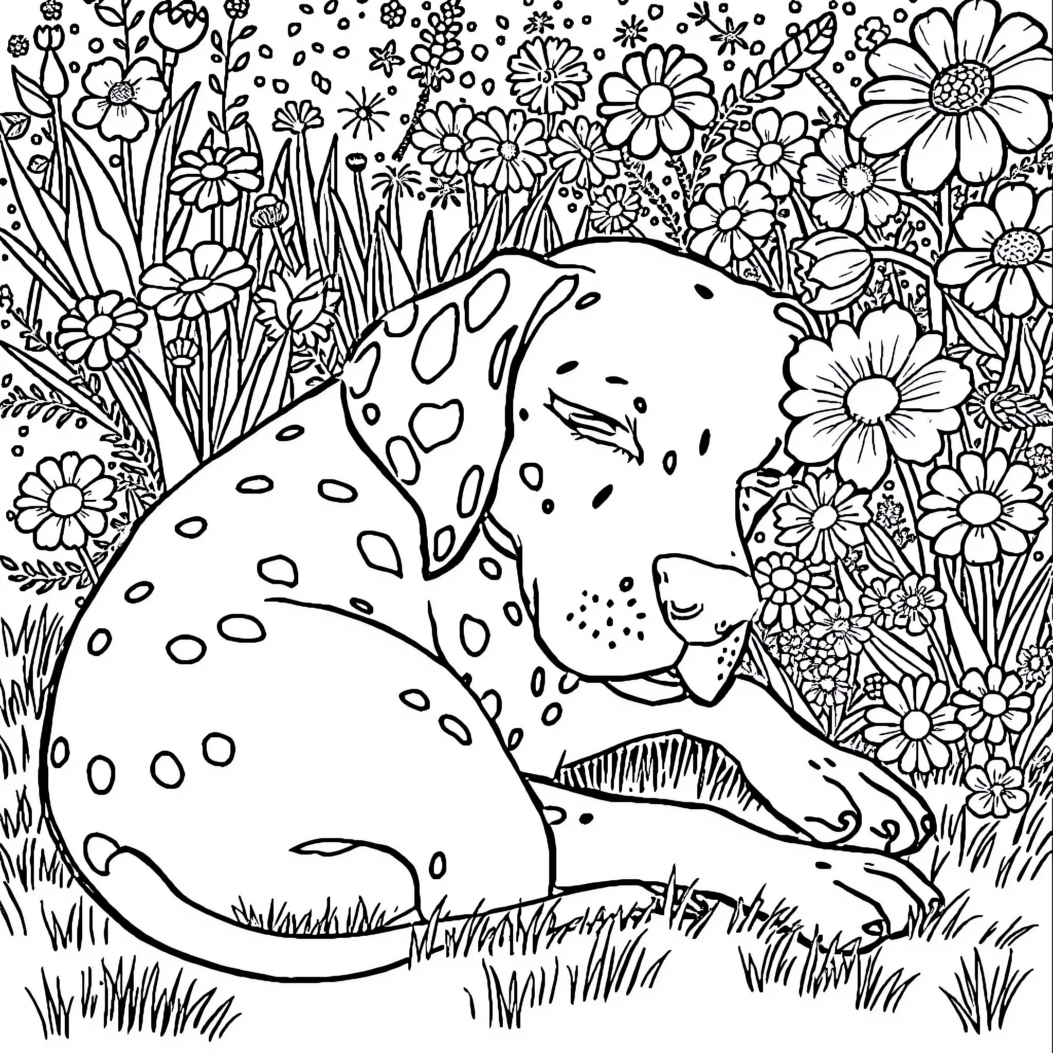 Dalmatian puppy frolicking in a flower garden Coloring Page (free black-and-white line drawing printable PDF for all, from beginners to advanced learners, including children, teens, adults, and seniors)