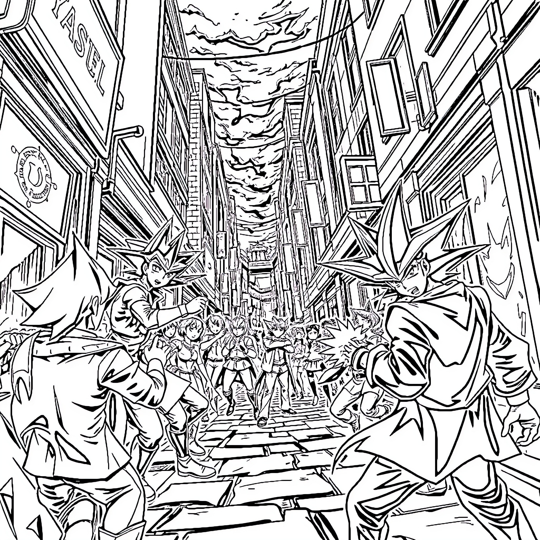 Yu-Gi-Oh! Dueling Chaos in the City Streets Coloring Page (free black-and-white line drawing printable PDF for all, from beginners to advanced learners, including children, teens, adults, and seniors)