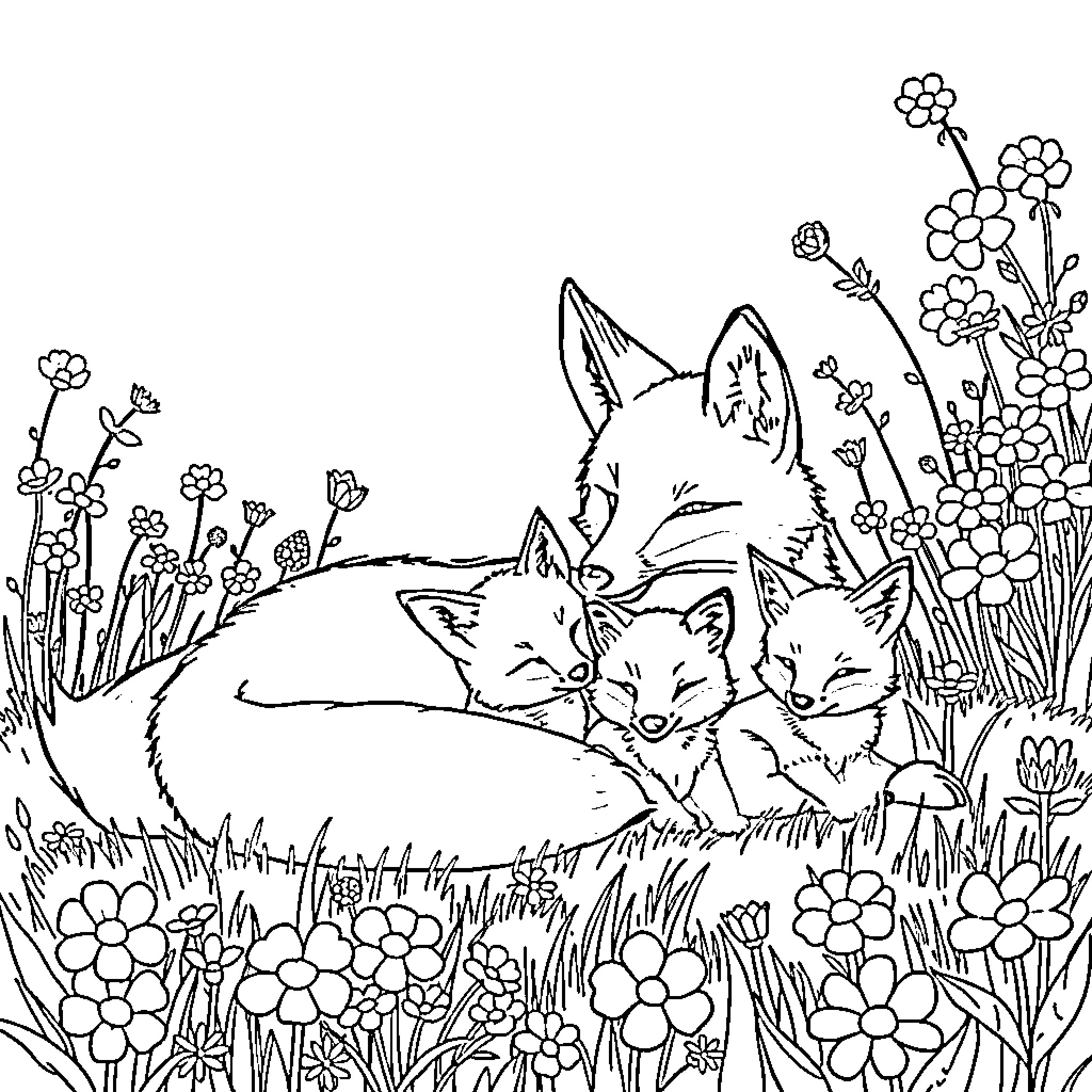 Fox Family Resting Peacefully in Flowery Meadow Coloring Page (free black-and-white line drawing printable PDF for all, from beginners to advanced learners, including children, teens, adults, and seniors)