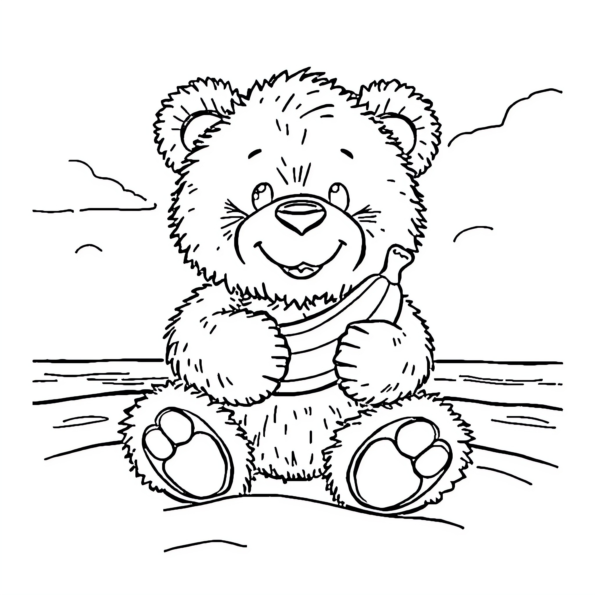 Teddy Bear Enjoying the Outdoors Coloring Page (free black-and-white line drawing printable PDF for all, from beginners to advanced learners, including children, teens, adults, and seniors)
