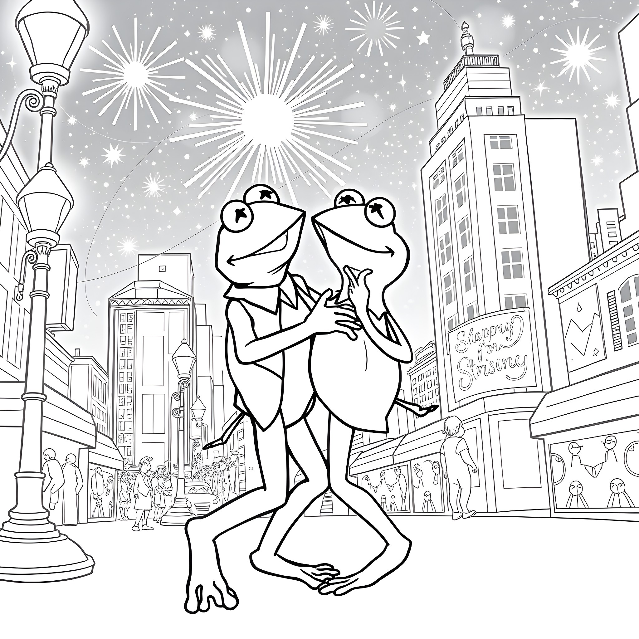 Kermit the Frog in a Lively City Scene Coloring Page (free black-and-white line drawing printable PDF for all, from beginners to advanced learners, including children, teens, adults, and seniors)