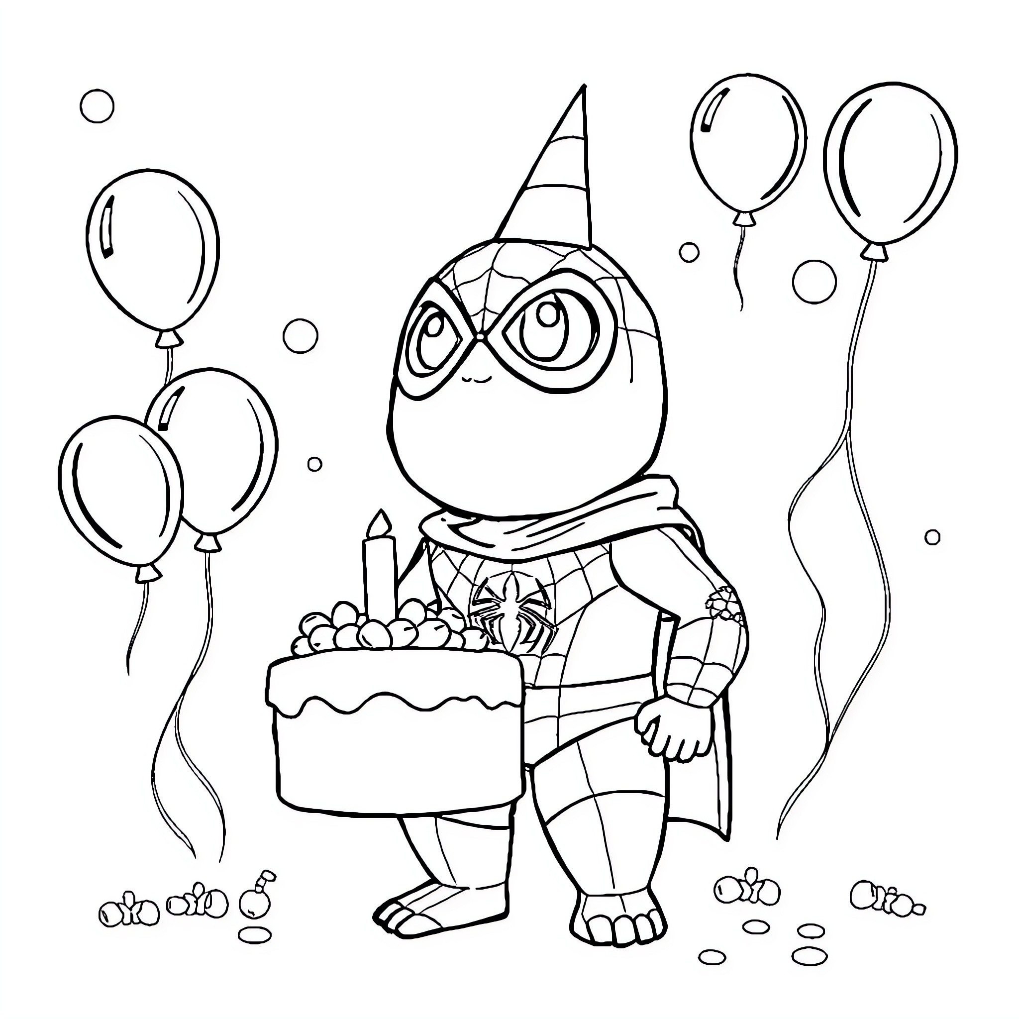 Teddy Bear Celebrates with Birthday Cake and Balloons Coloring Page (free black-and-white line drawing printable PDF for all, from beginners to advanced learners, including children, teens, adults, and seniors)