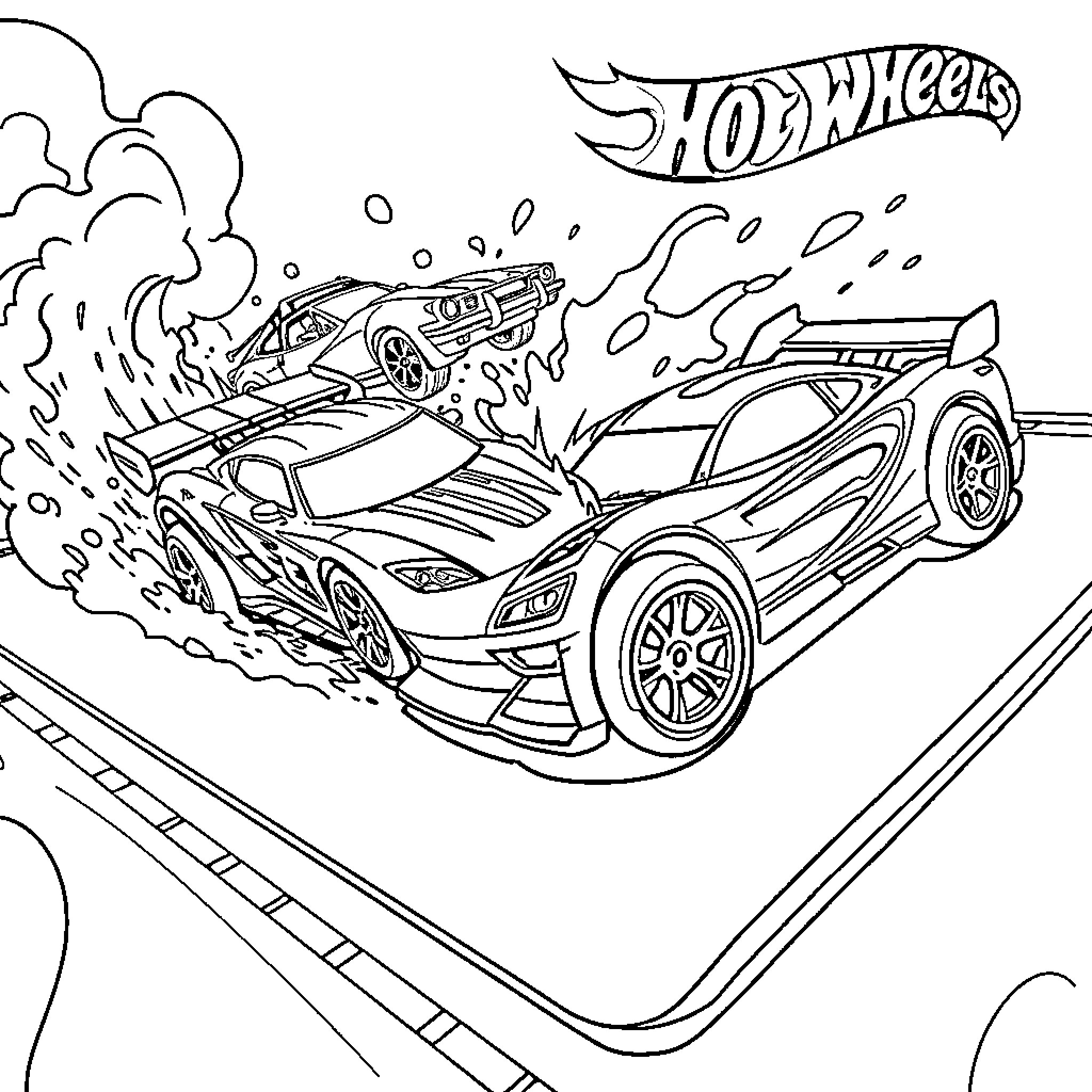 Car racing down the road with action and speed Coloring Page (free black-and-white line drawing printable PDF for all, from beginners to advanced learners, including children, teens, adults, and seniors)