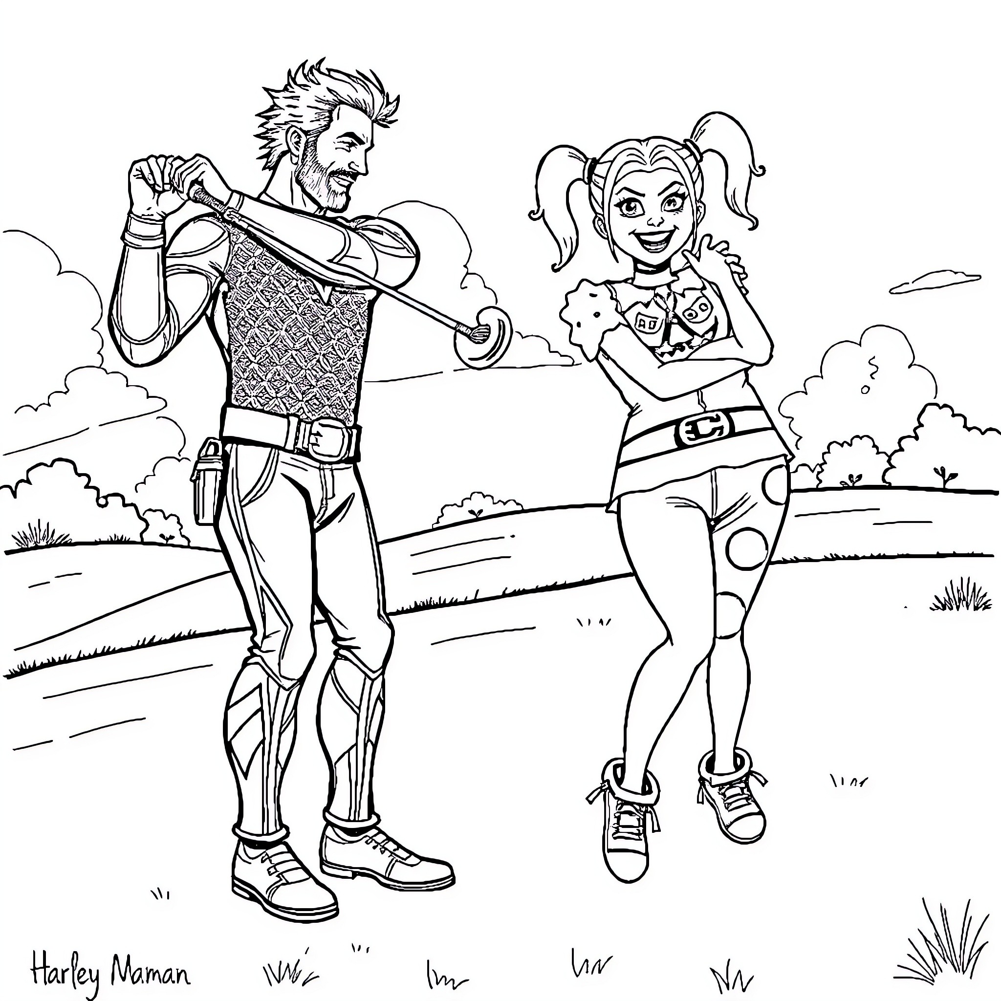 Aquaman and Harley Quinn enjoying an outdoor adventure Coloring Page (free black-and-white line drawing printable PDF for all, from beginners to advanced learners, including children, teens, adults, and seniors)