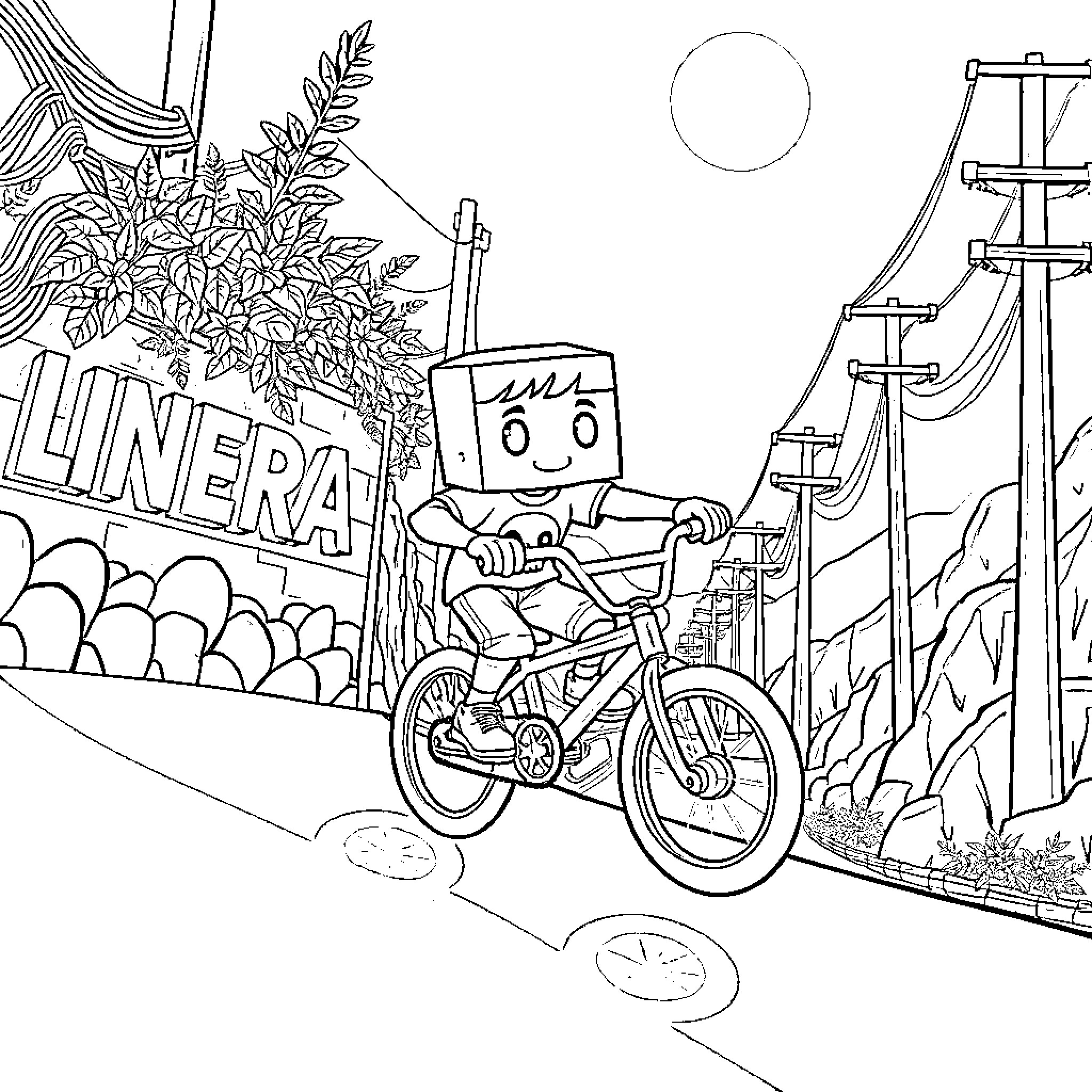 Box-Headed Character Riding Bicycle Down Scenic Road Coloring Page (free black-and-white line drawing printable PDF for all, from beginners to advanced learners, including children, teens, adults, and seniors)