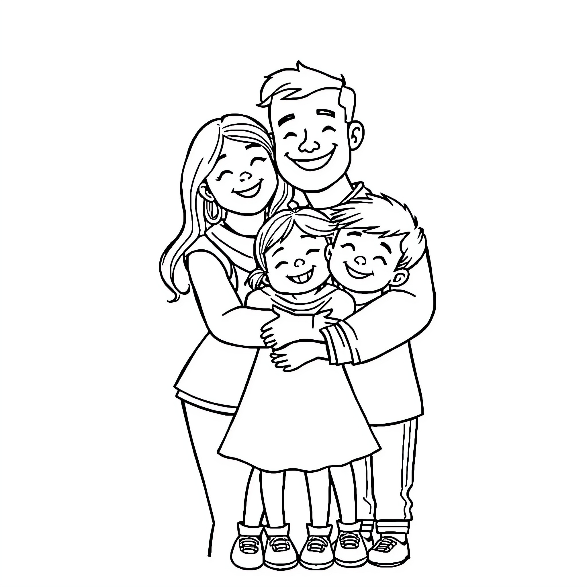Family embracing and showing affection Coloring Page (free black-and-white line drawing printable PDF for all, from beginners to advanced learners, including children, teens, adults, and seniors)