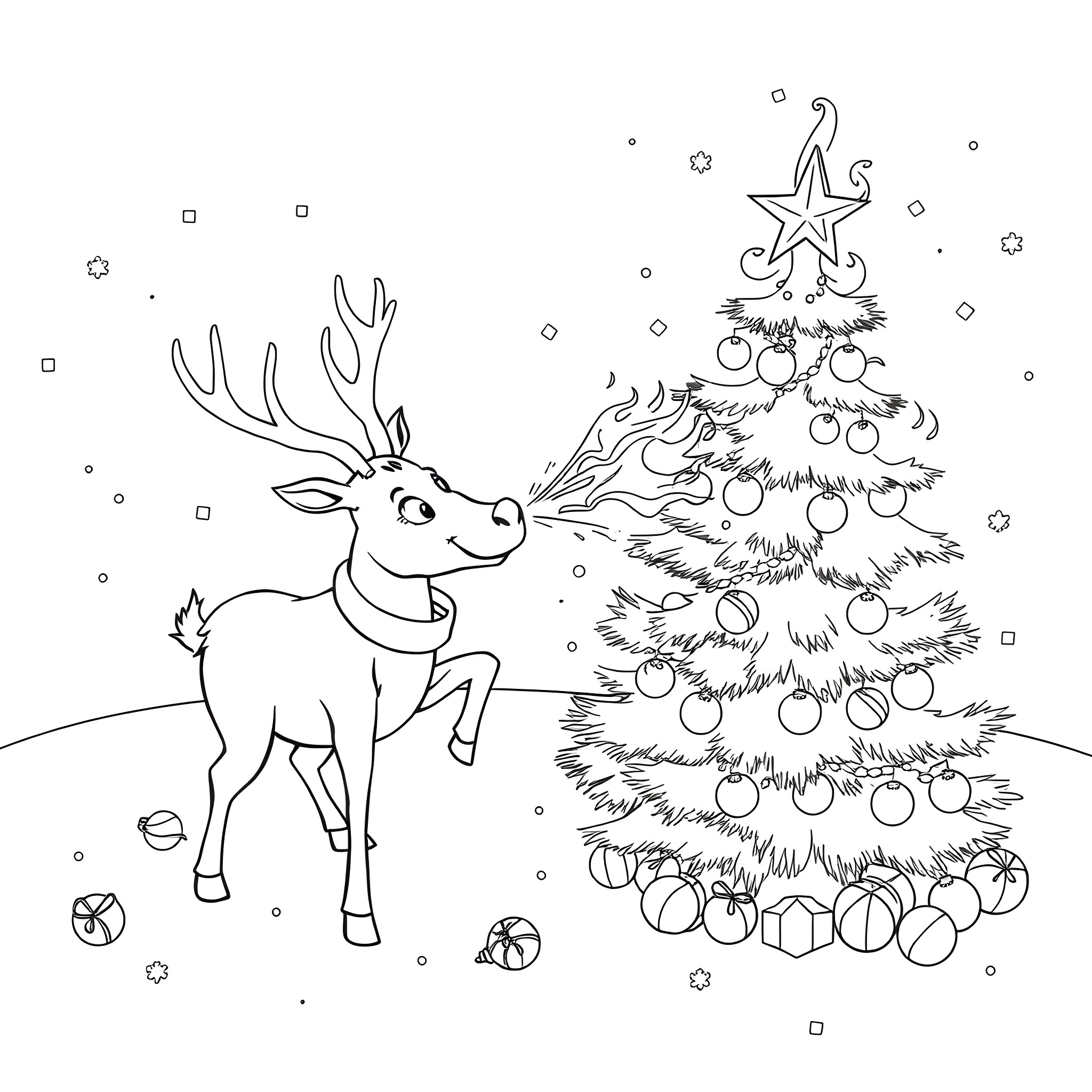 Reindeer and Christmas tree in winter landscape Coloring Page (free black-and-white line drawing printable PDF for all, from beginners to advanced learners, including children, teens, adults, and seniors)