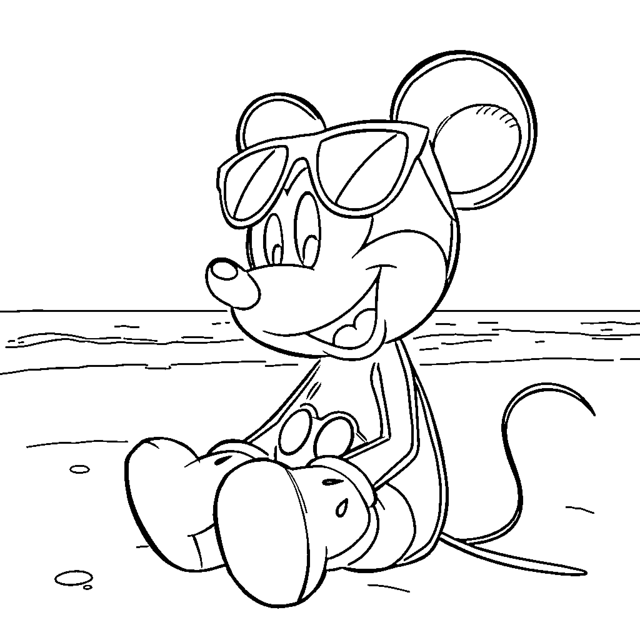Mickey Mouse enjoying summer on the beach Coloring Page (free black-and-white line drawing printable PDF for all, from beginners to advanced learners, including children, teens, adults, and seniors)