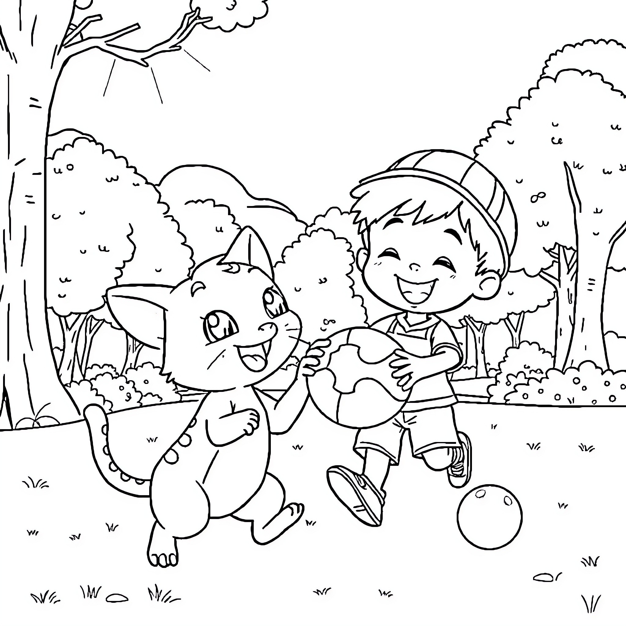 Sprigatito exploring the forest with a young child Coloring Page (free black-and-white line drawing printable PDF for all, from beginners to advanced learners, including children, teens, adults, and seniors)