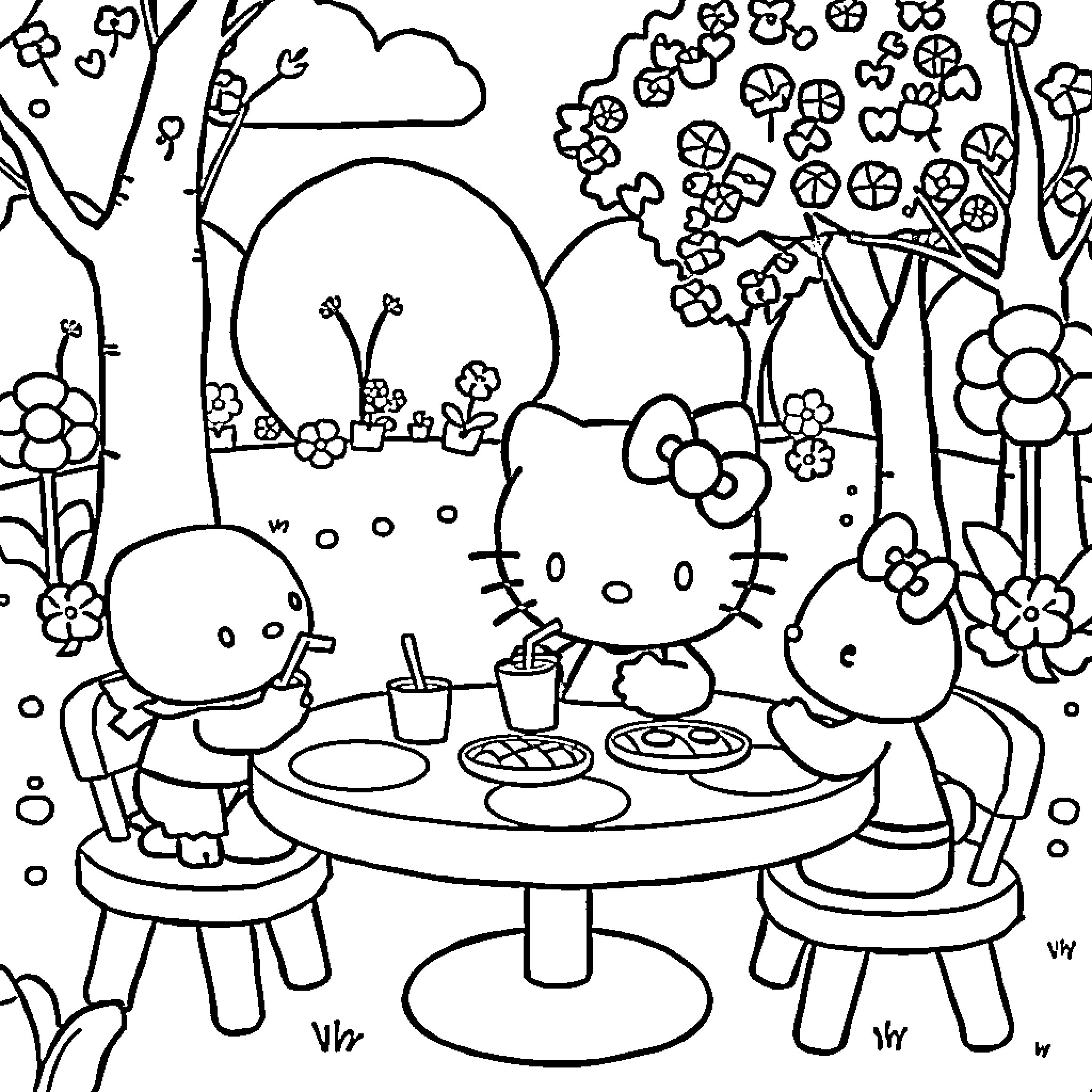 Hello Kitty's Whimsical Picnic in the Park Coloring Page (free black-and-white line drawing printable PDF for all, from beginners to advanced learners, including children, teens, adults, and seniors)