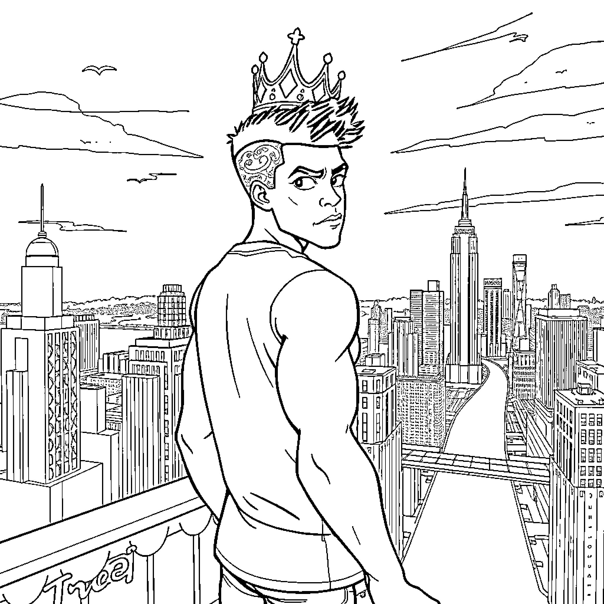 Miles Morales overlooking the city skyline in his heroic outfit Coloring Page (free black-and-white line drawing printable PDF for all, from beginners to advanced learners, including children, teens, adults, and seniors)