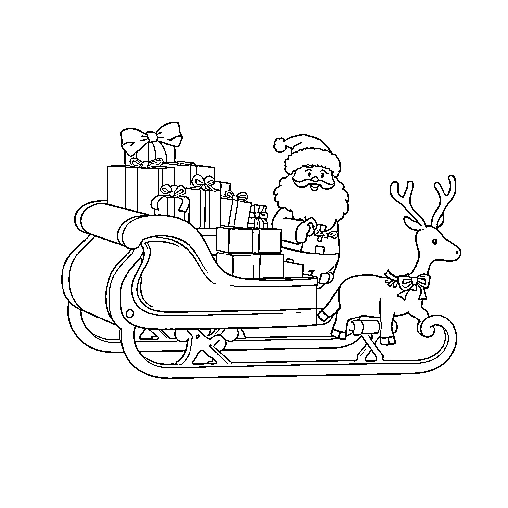 Santa delivering gifts in his sleigh Coloring Page (free black-and-white line drawing printable PDF for all, from beginners to advanced learners, including children, teens, adults, and seniors)