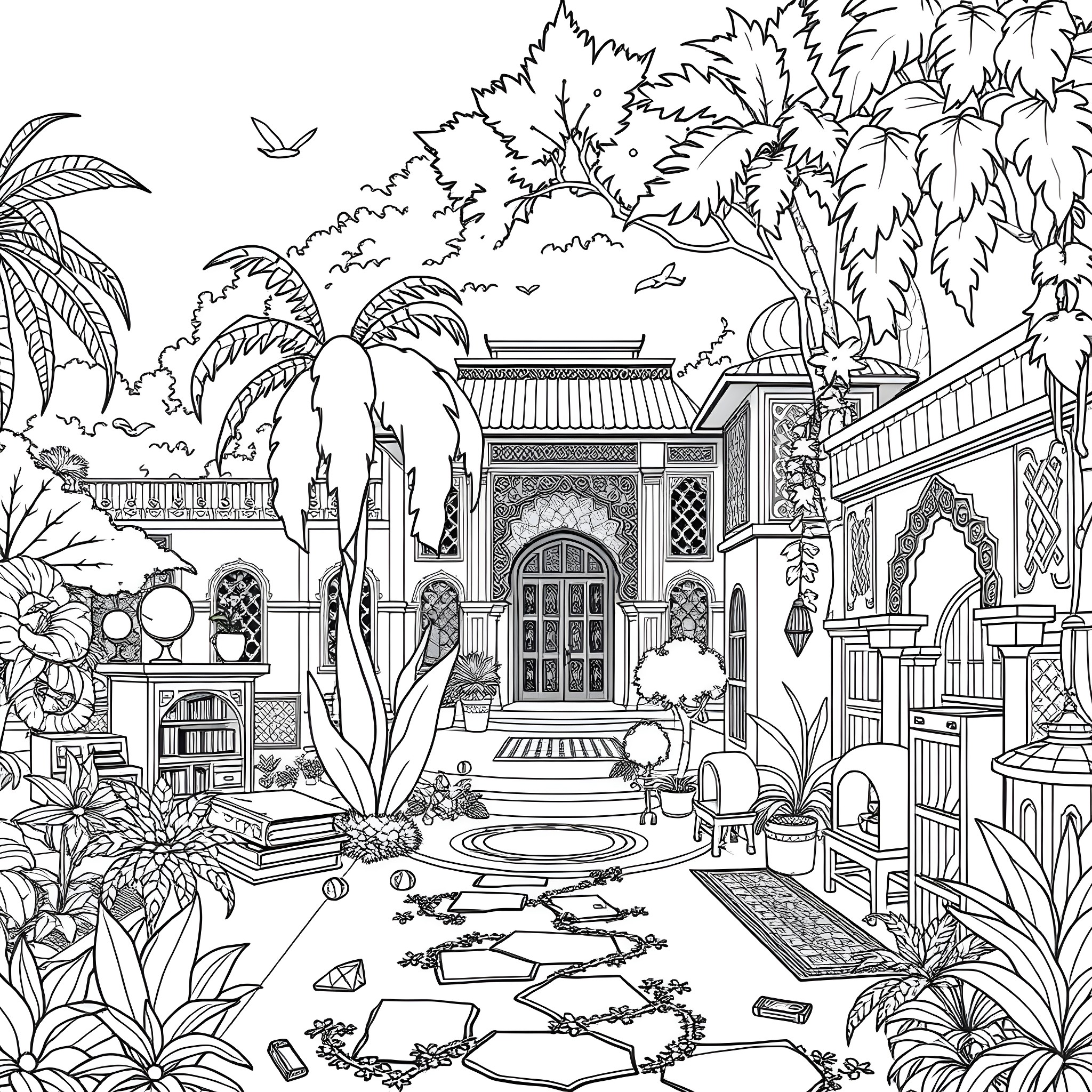 Muslim Orphanage: Intricate Architectural Wonder Amid Lush Tropical Scenery Coloring Page (free black-and-white line drawing printable PDF for all, from beginners to advanced learners, including children, teens, adults, and seniors)