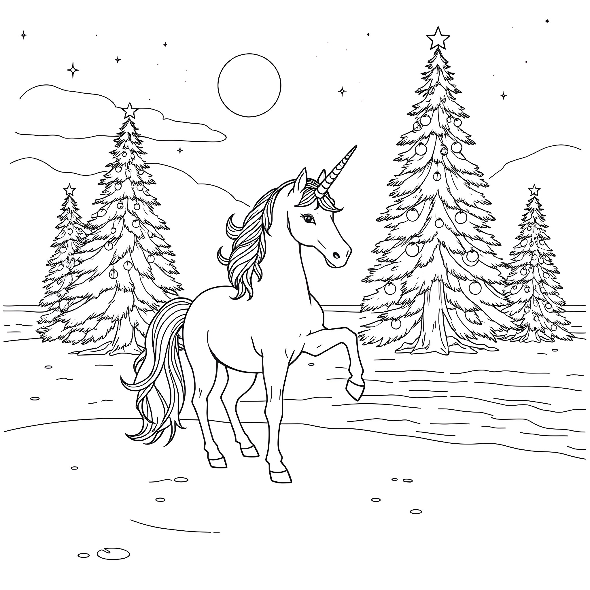 Unicorn enjoying the winter wonderland Coloring Page (free black-and-white line drawing printable PDF for all, from beginners to advanced learners, including children, teens, adults, and seniors)