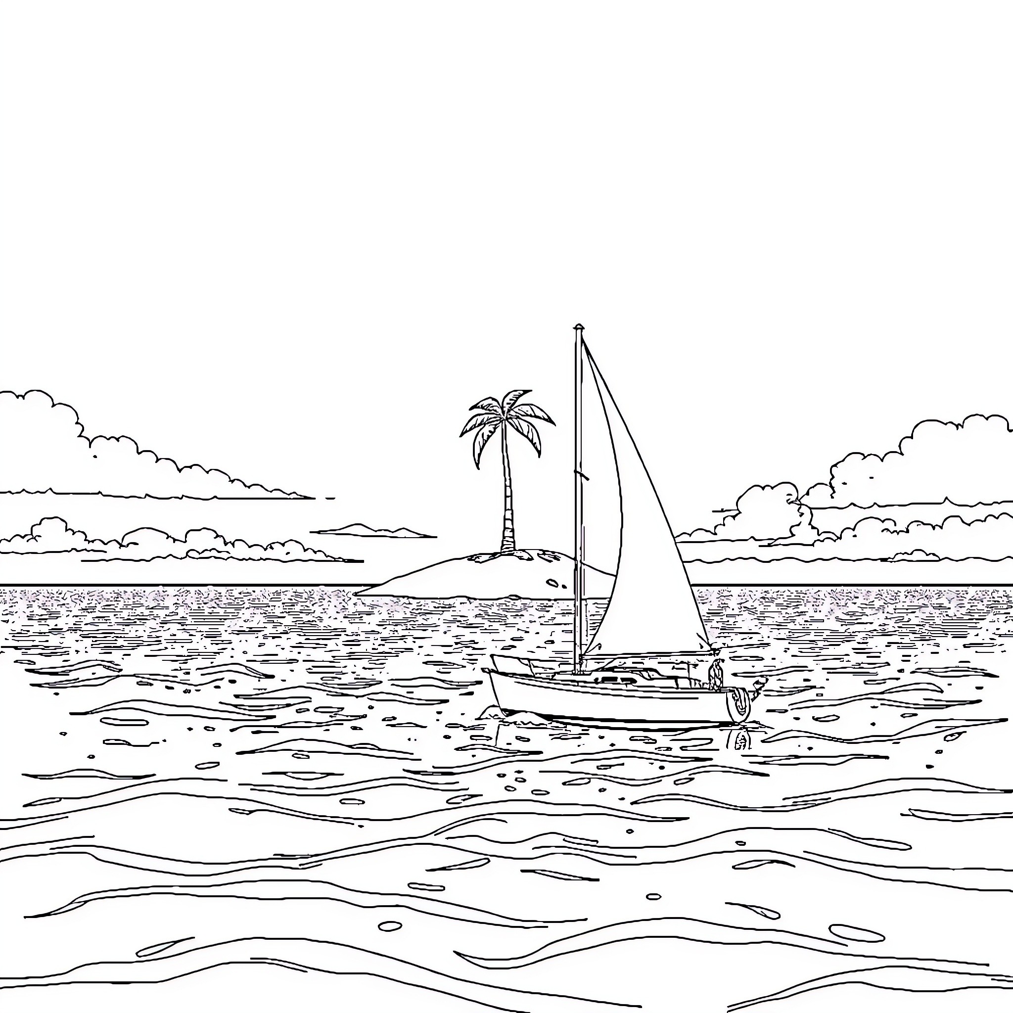 Sailboat sailing on tranquil ocean waters Coloring Page (free black-and-white line drawing printable PDF for all, from beginners to advanced learners, including children, teens, adults, and seniors)