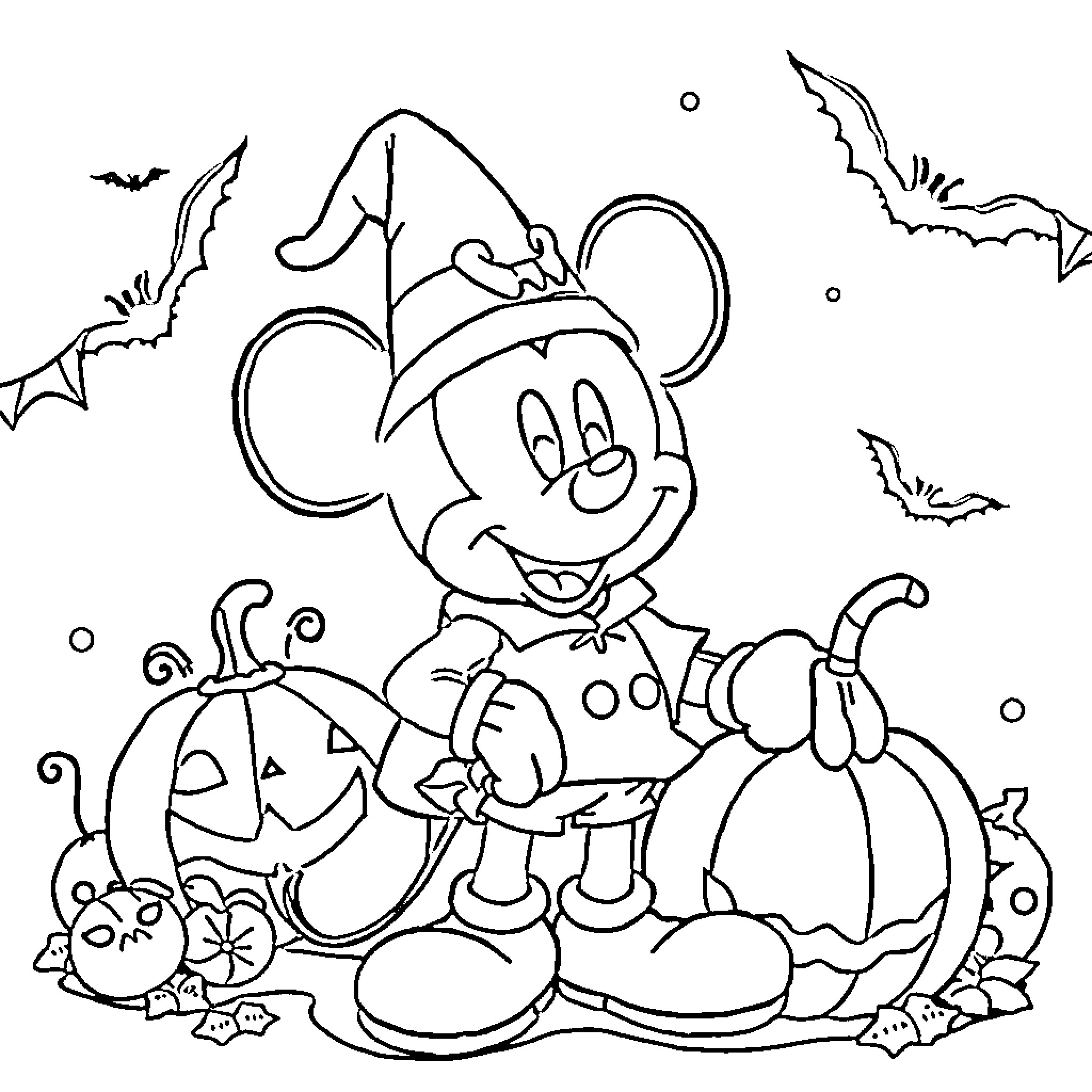 Mickey Mouse enjoying Halloween with pumpkins and bats Coloring Page (free black-and-white line drawing printable PDF for all, from beginners to advanced learners, including children, teens, adults, and seniors)