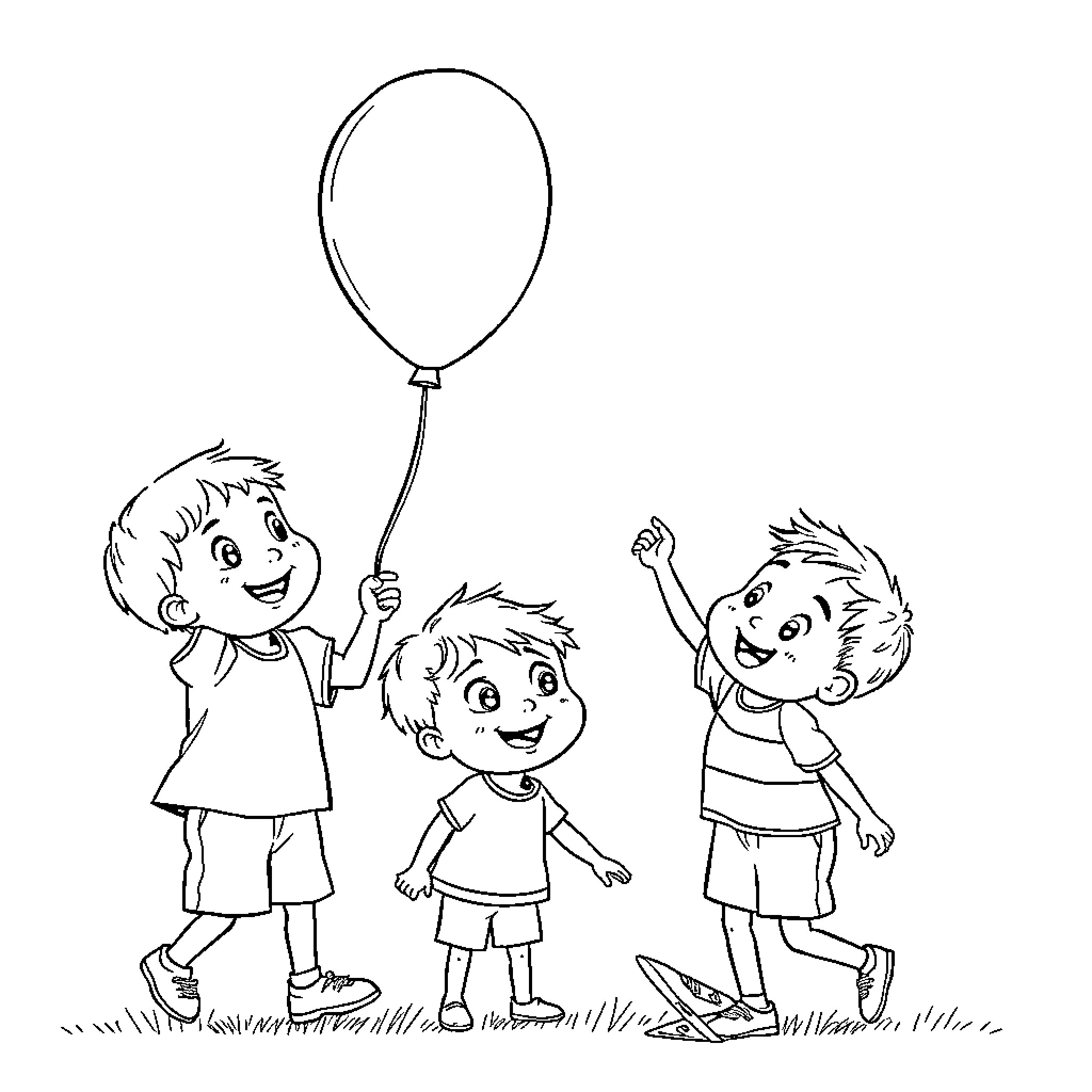 Kid playing with balloon and friends in field Coloring Page (free black-and-white line drawing printable PDF for all, from beginners to advanced learners, including children, teens, adults, and seniors)