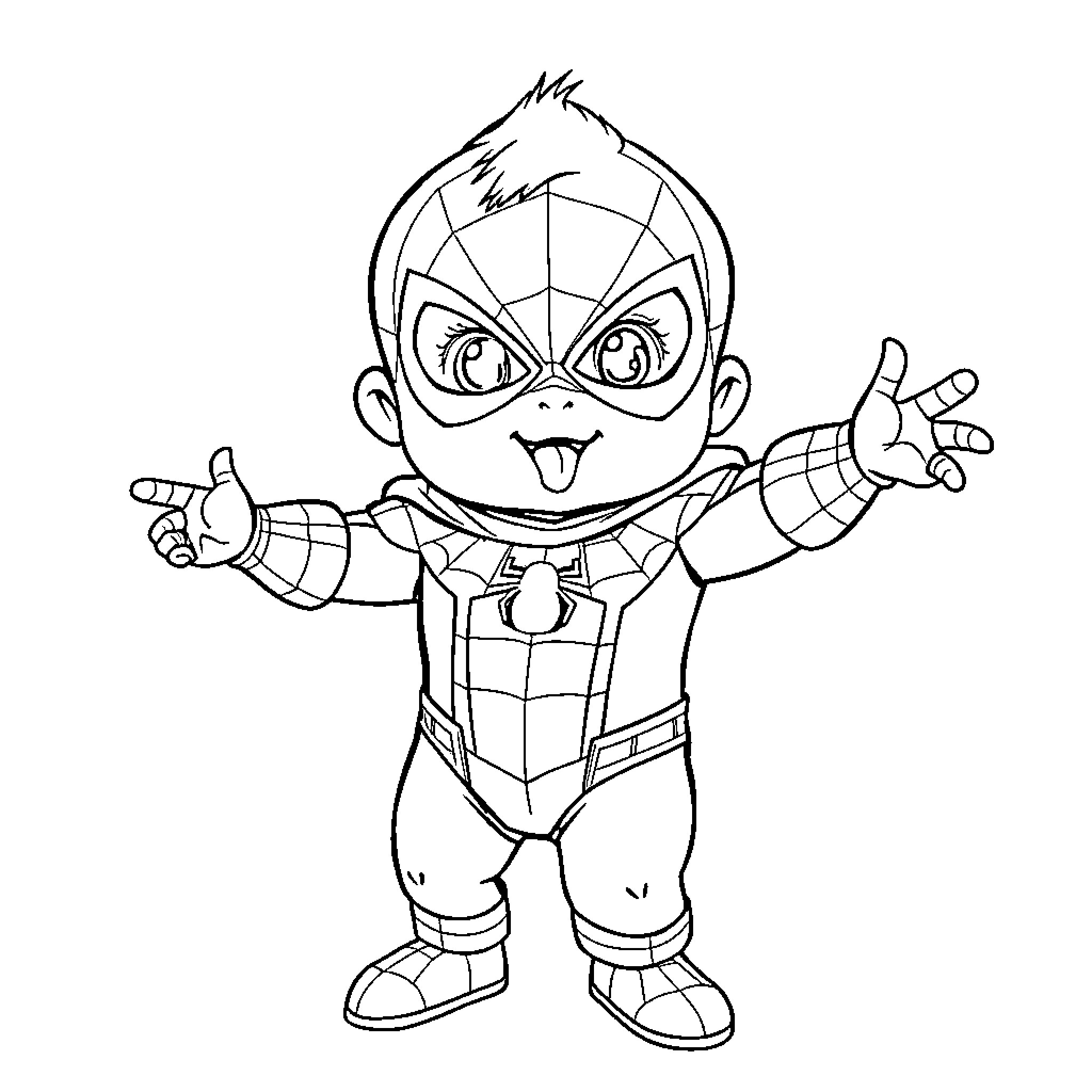 Boss Baby Spider Man Excitedly Poses in Costume Coloring Page (free black-and-white line drawing printable PDF for all, from beginners to advanced learners, including children, teens, adults, and seniors)