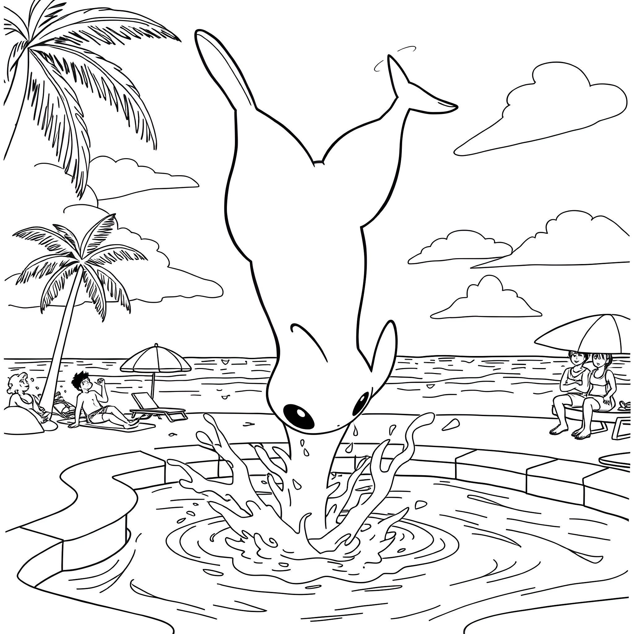 Pokémon splashing in the beach with people relaxing Coloring Page (free black-and-white line drawing printable PDF for all, from beginners to advanced learners, including children, teens, adults, and seniors)
