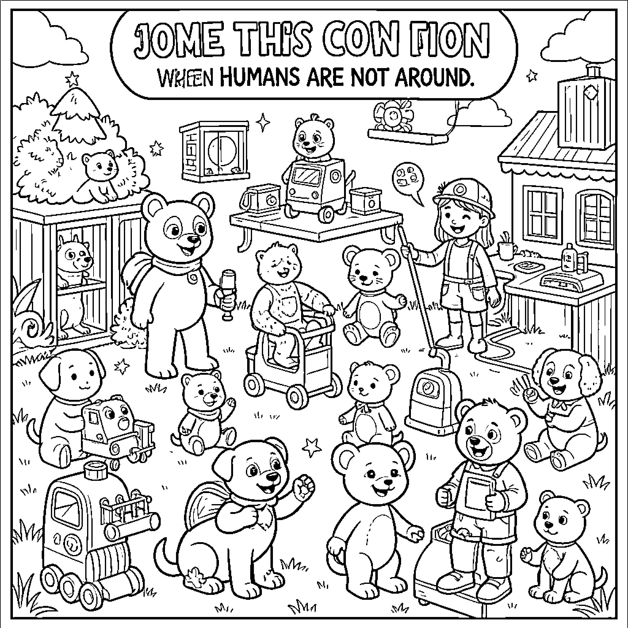 Toy animals playing and having fun together Coloring Page (free black-and-white line drawing printable PDF for all, from beginners to advanced learners, including children, teens, adults, and seniors)