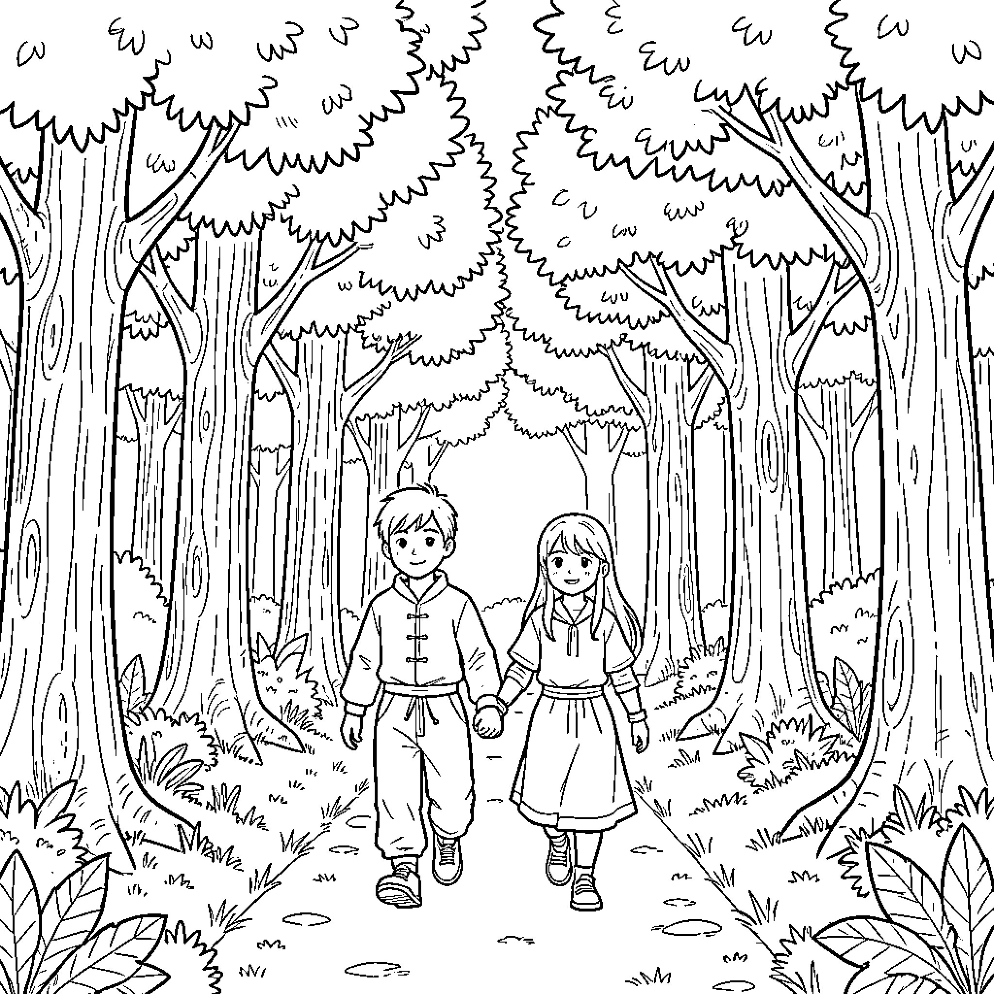 Tang San walking through a lush forest with a friend Coloring Page (free black-and-white line drawing printable PDF for all, from beginners to advanced learners, including children, teens, adults, and seniors)