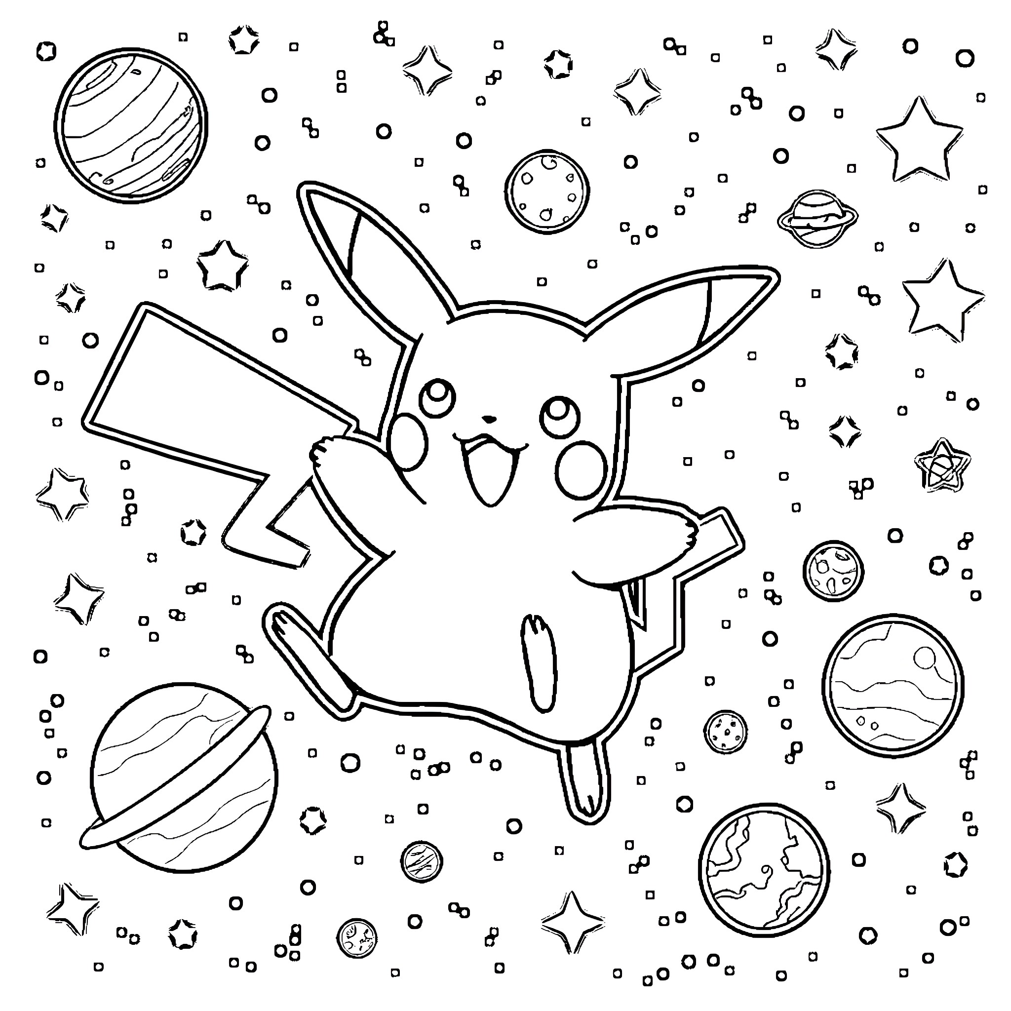 Pikachu floating in a cosmic space Coloring Page (free black-and-white line drawing printable PDF for all, from beginners to advanced learners, including children, teens, adults, and seniors)