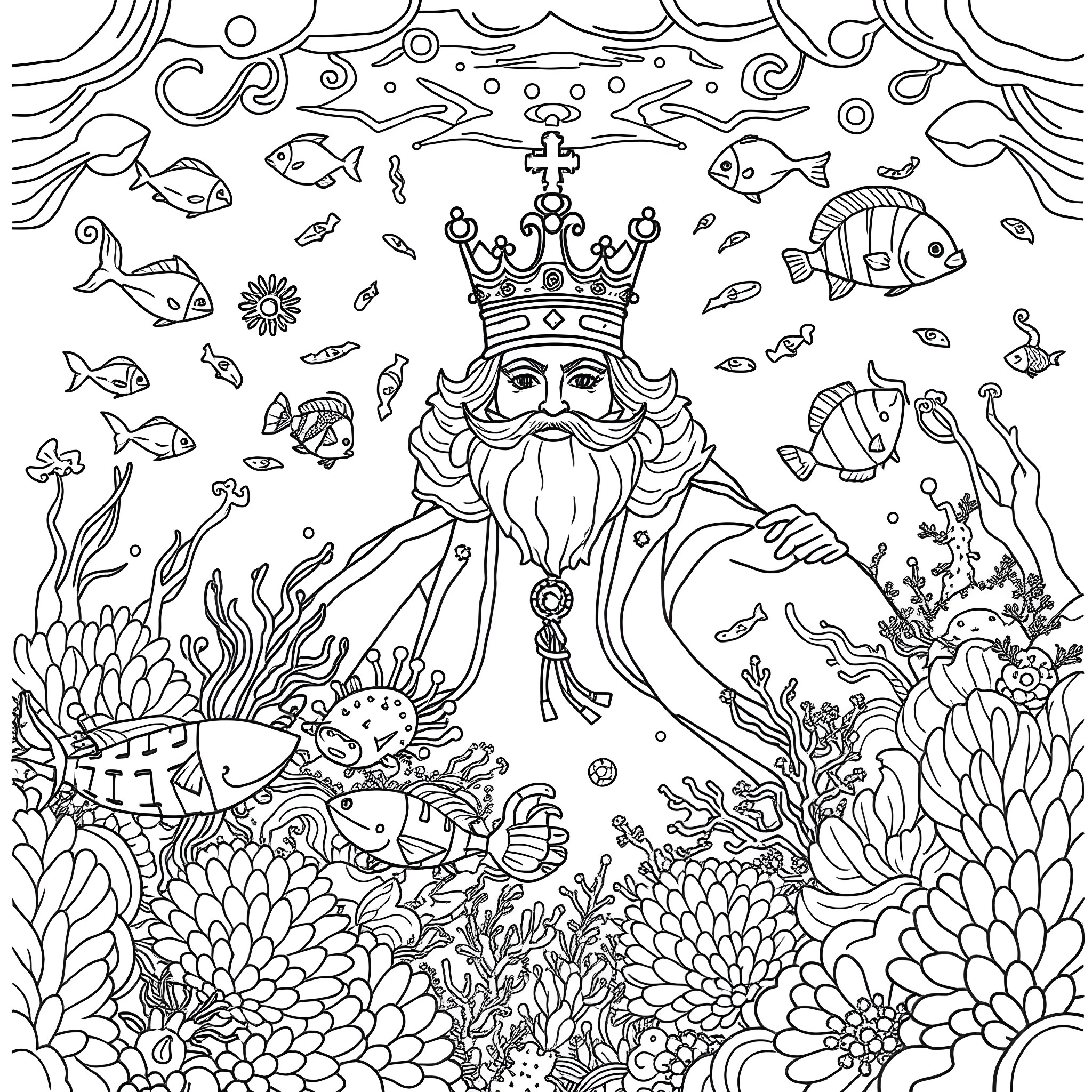 King Ruling over the Underwater Kingdom Coloring Page (free black-and-white line drawing printable PDF for all, from beginners to advanced learners, including children, teens, adults, and seniors)