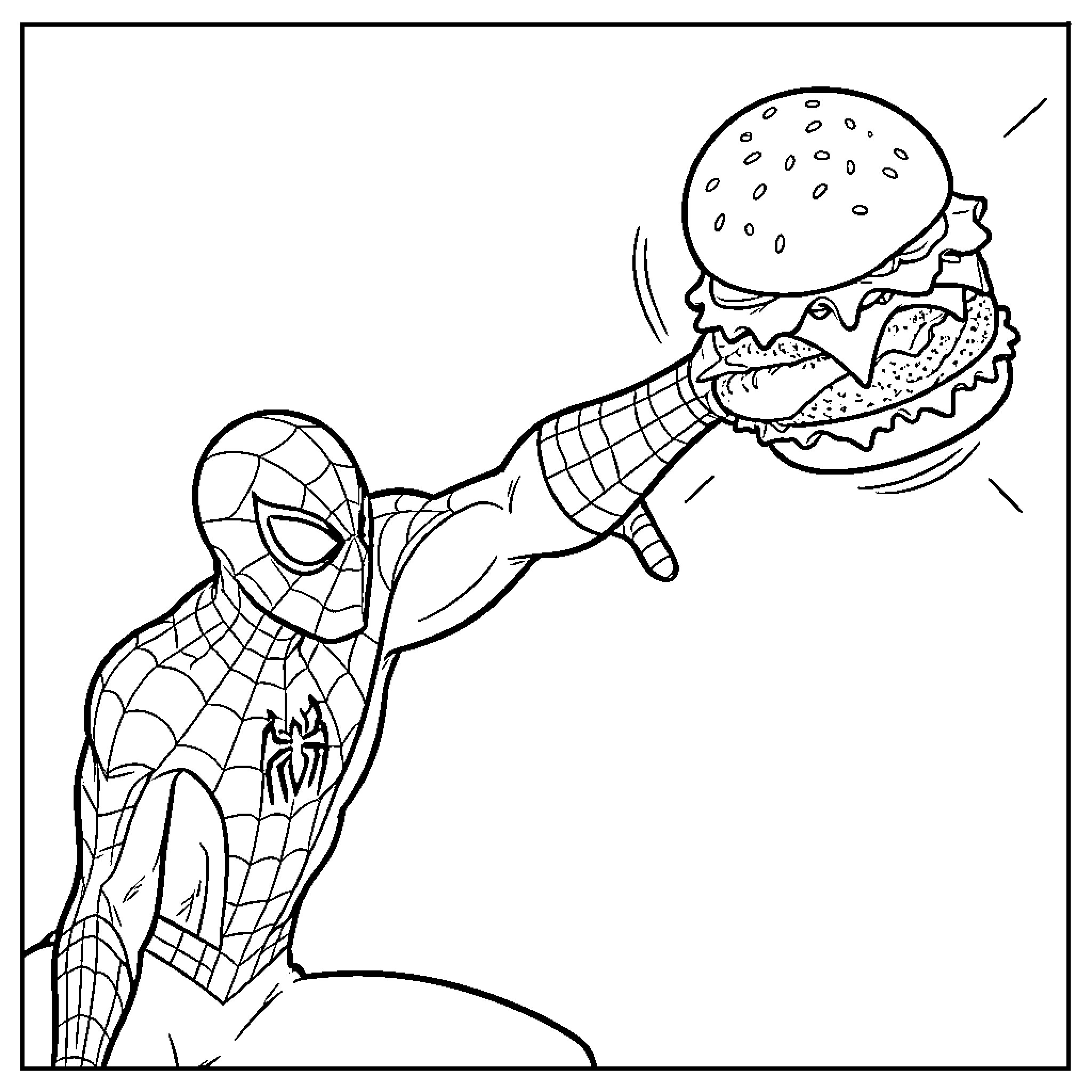 Spiderman reaching out to grab a large hamburger Coloring Page (free black-and-white line drawing printable PDF for all, from beginners to advanced learners, including children, teens, adults, and seniors)