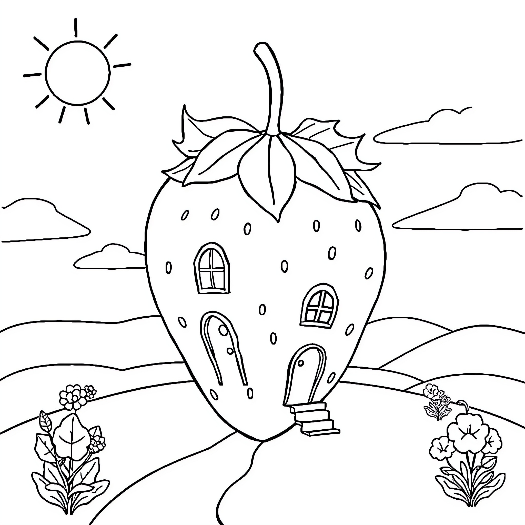Strawberry house with whimsical details Coloring Page (free black-and-white line drawing printable PDF for all, from beginners to advanced learners, including children, teens, adults, and seniors)