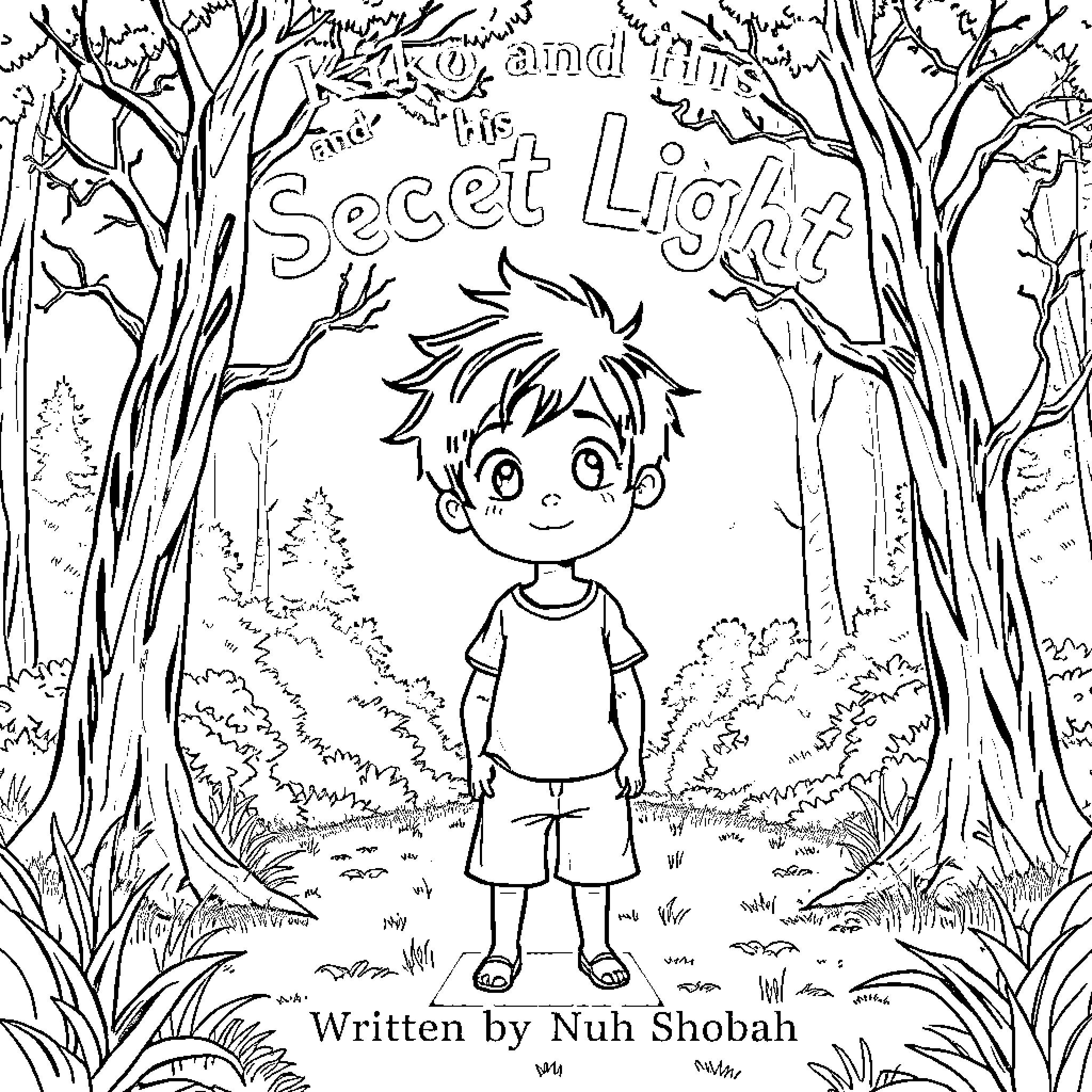 Boy explores the secret light in the forest Coloring Page (free black-and-white line drawing printable PDF for all, from beginners to advanced learners, including children, teens, adults, and seniors)