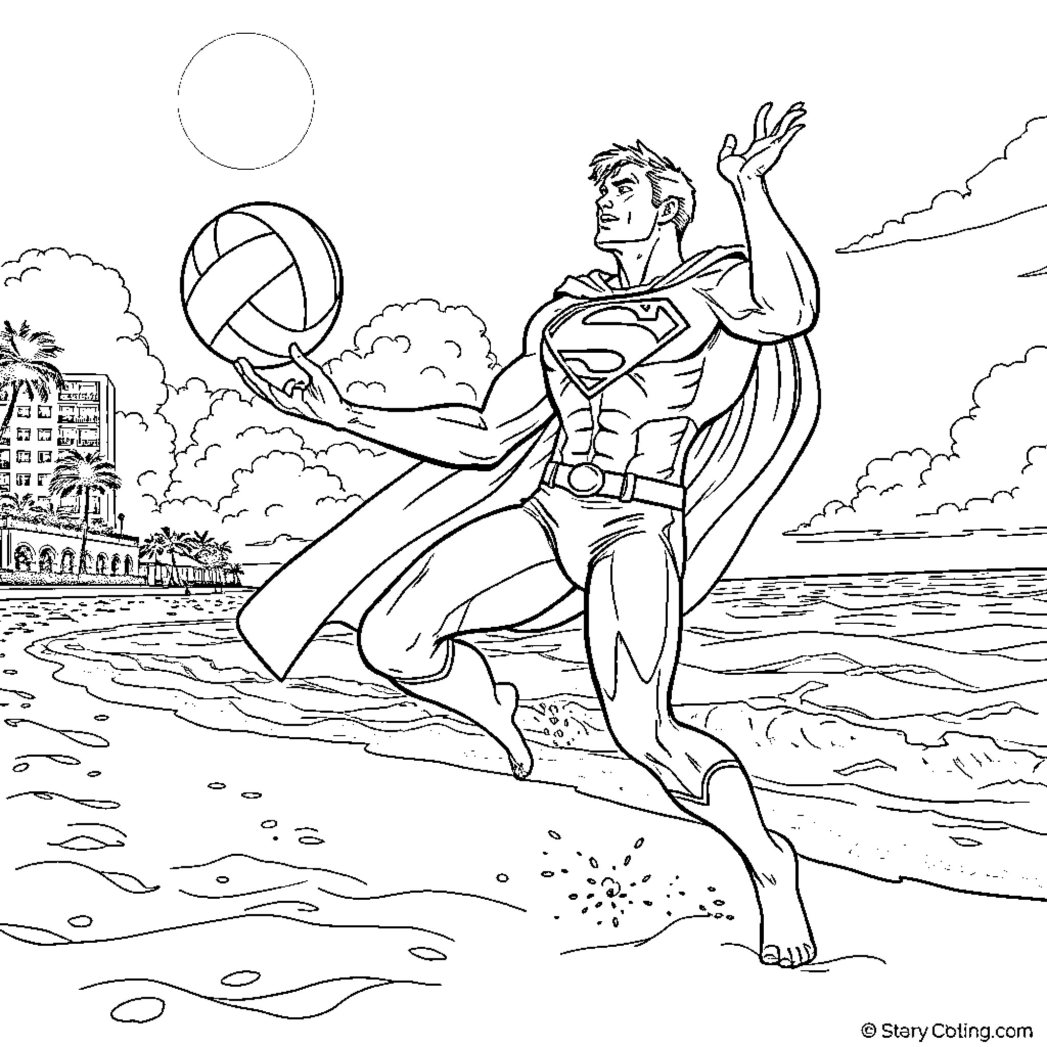 Superman playing volleyball on the beach Coloring Page (free black-and-white line drawing printable PDF for all, from beginners to advanced learners, including children, teens, adults, and seniors)