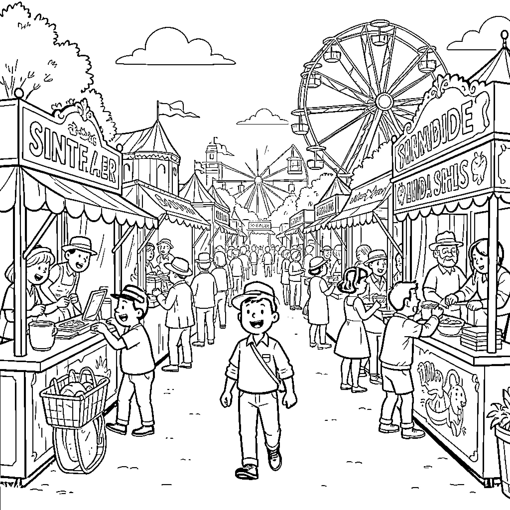 Tintin walking through a crowded bustling amusement park Coloring Page (free black-and-white line drawing printable PDF for all, from beginners to advanced learners, including children, teens, adults, and seniors)