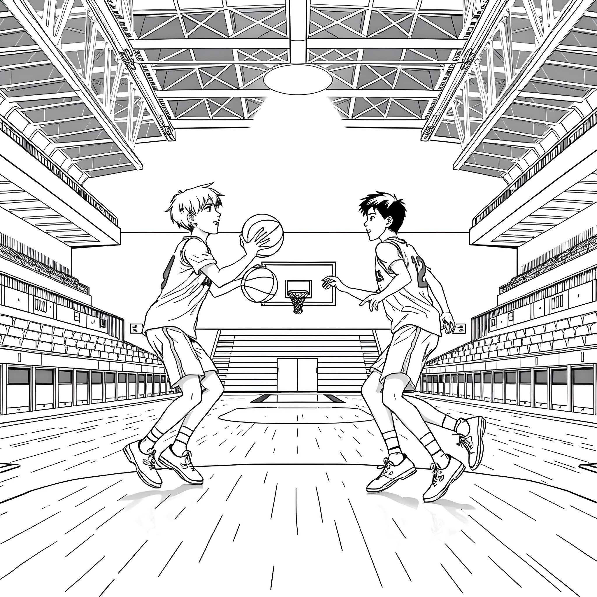 Teen Guys Playing Basketball in Sports Arena Coloring Page (free black-and-white line drawing printable PDF for all, from beginners to advanced learners, including children, teens, adults, and seniors)