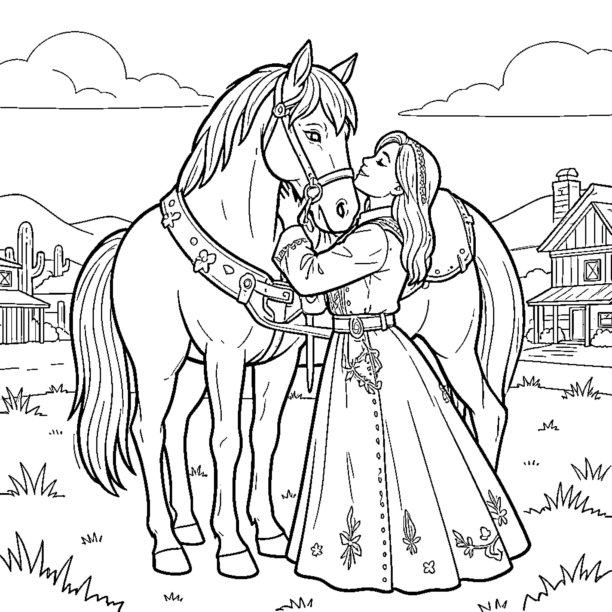 Cheval being embraced affectionately by a young woman Coloring Page (free black-and-white line drawing printable PDF for all, from beginners to advanced learners, including children, teens, adults, and seniors)