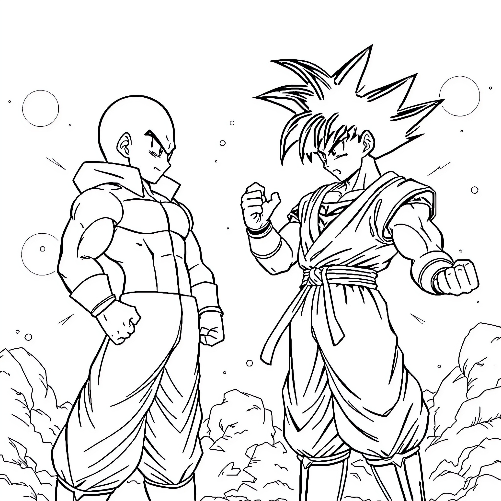 Saitama characters engaged in battle scene Coloring Page (free black-and-white line drawing printable PDF for all, from beginners to advanced learners, including children, teens, adults, and seniors)