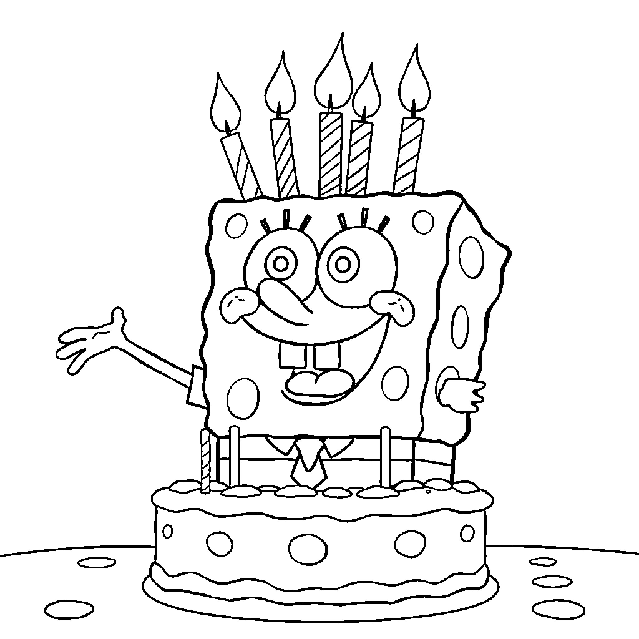 Spongebob celebrating with a birthday cake and candles Coloring Page (free black-and-white line drawing printable PDF for all, from beginners to advanced learners, including children, teens, adults, and seniors)