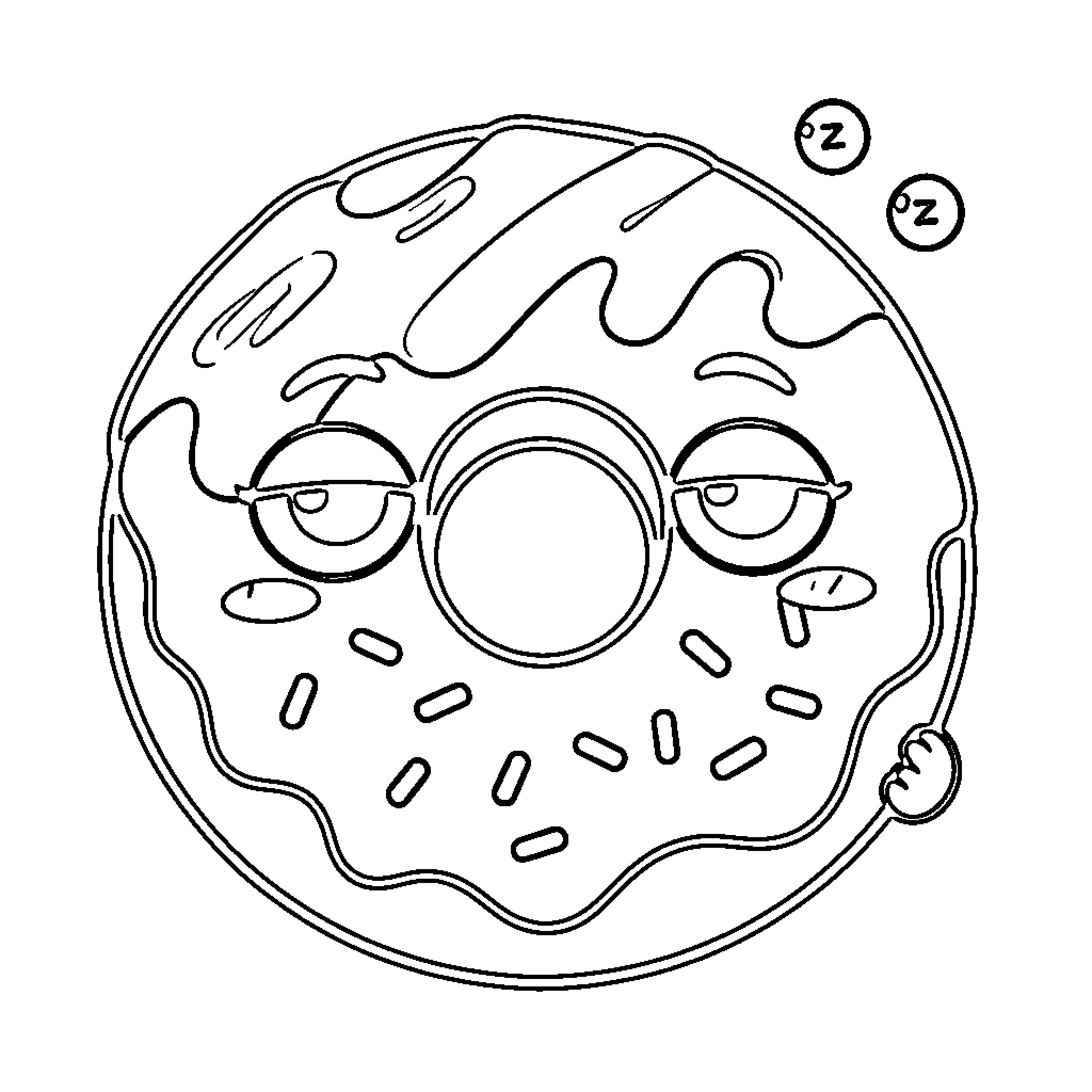 Donut falling asleep on the job Coloring Page (free black-and-white line drawing printable PDF for all, from beginners to advanced learners, including children, teens, adults, and seniors)