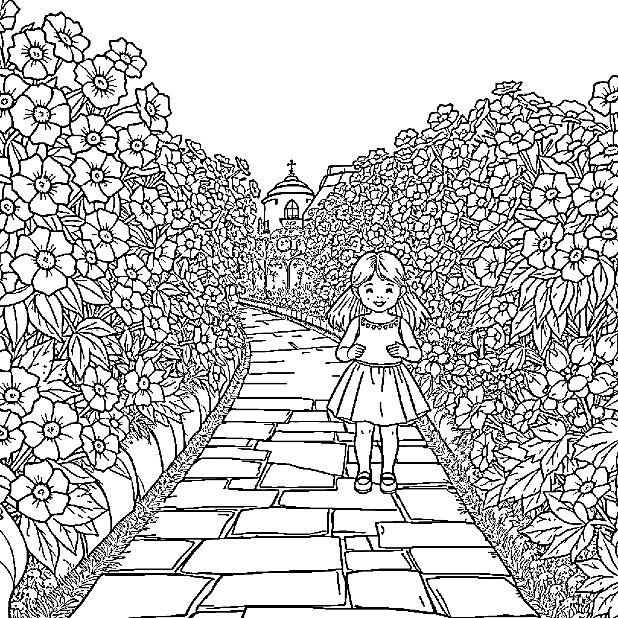 Girl exploring a flower-filled garden pathway Coloring Page (free black-and-white line drawing printable PDF for all, from beginners to advanced learners, including children, teens, adults, and seniors)