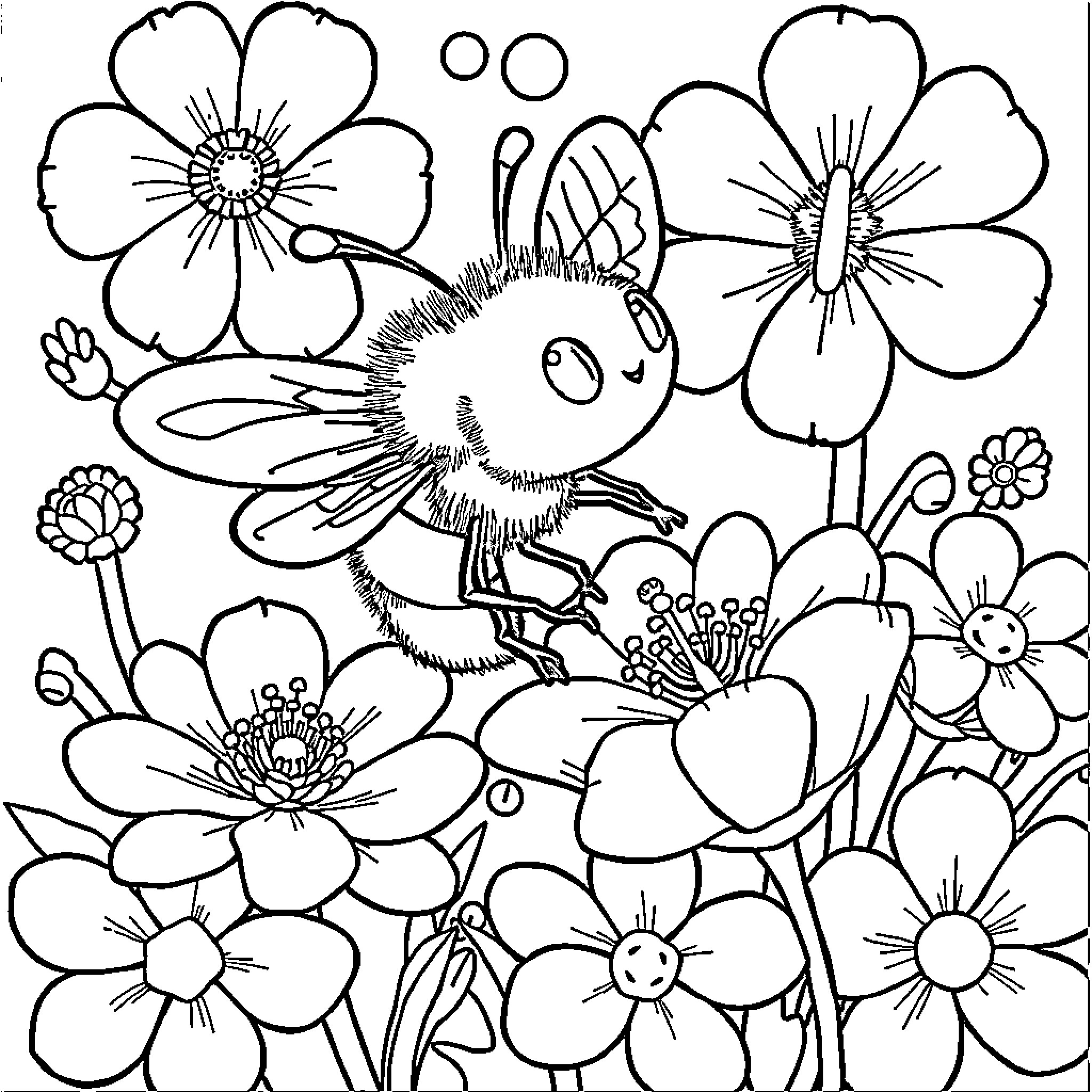 Bee exploring vibrant flower garden Coloring Page (free black-and-white line drawing printable PDF for all, from beginners to advanced learners, including children, teens, adults, and seniors)