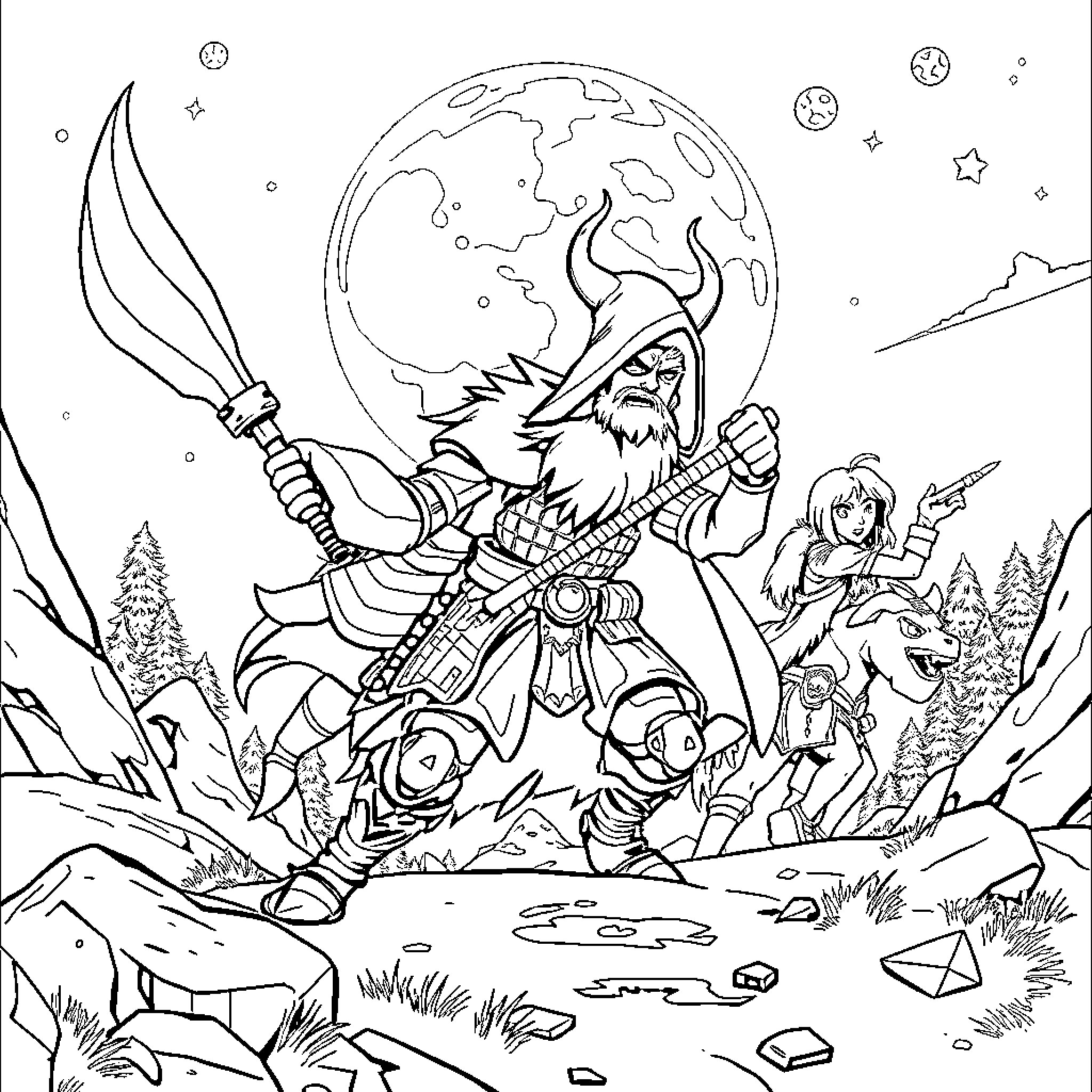 Huntrix: Adventurous Warriors in a Fantastical World Coloring Page (free black-and-white line drawing printable PDF for all, from beginners to advanced learners, including children, teens, adults, and seniors)