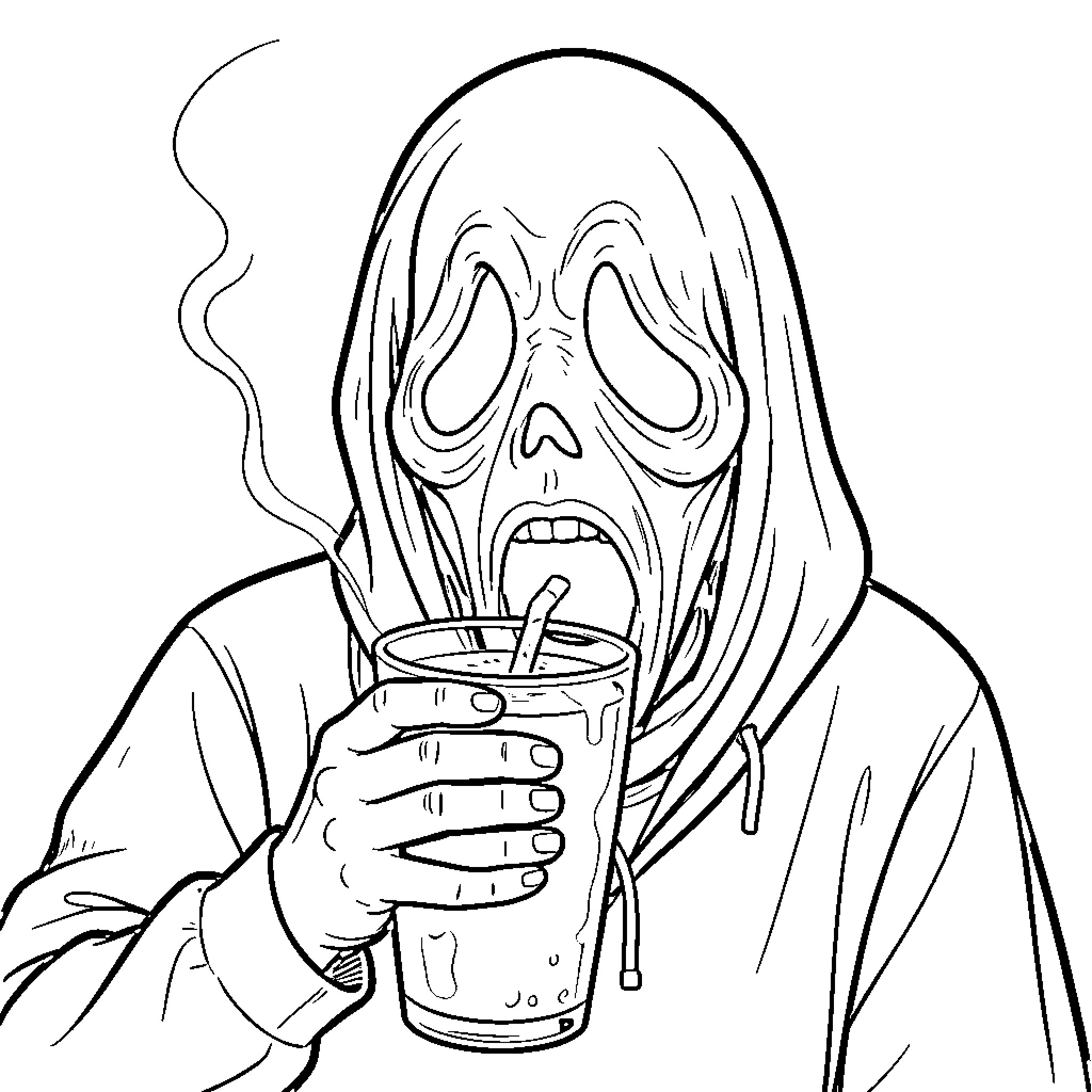 Scream of the hooded figure with a drink Coloring Page (free black-and-white line drawing printable PDF for all, from beginners to advanced learners, including children, teens, adults, and seniors)