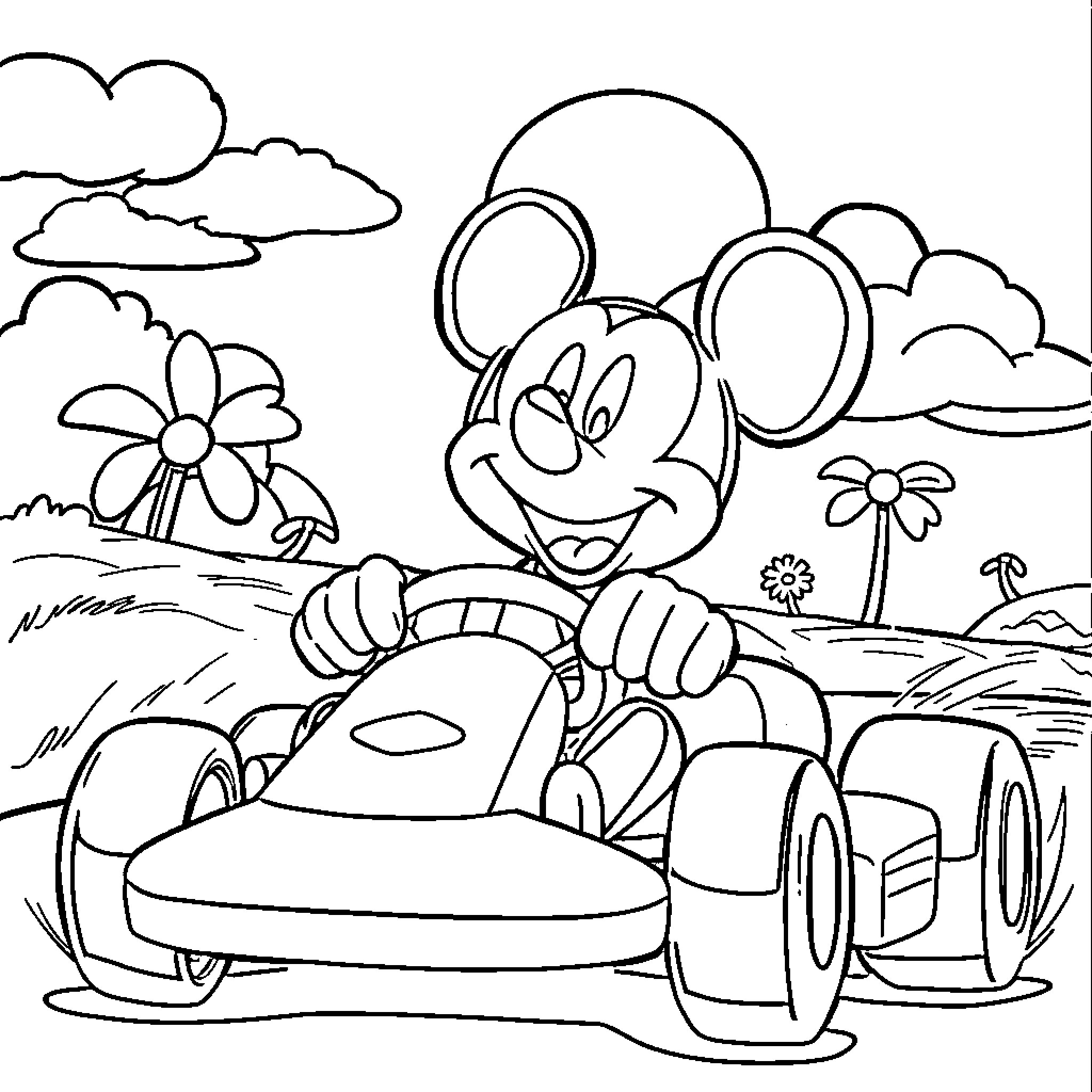Mickey Mouse driving his race car in the countryside Coloring Page (free black-and-white line drawing printable PDF for all, from beginners to advanced learners, including children, teens, adults, and seniors)