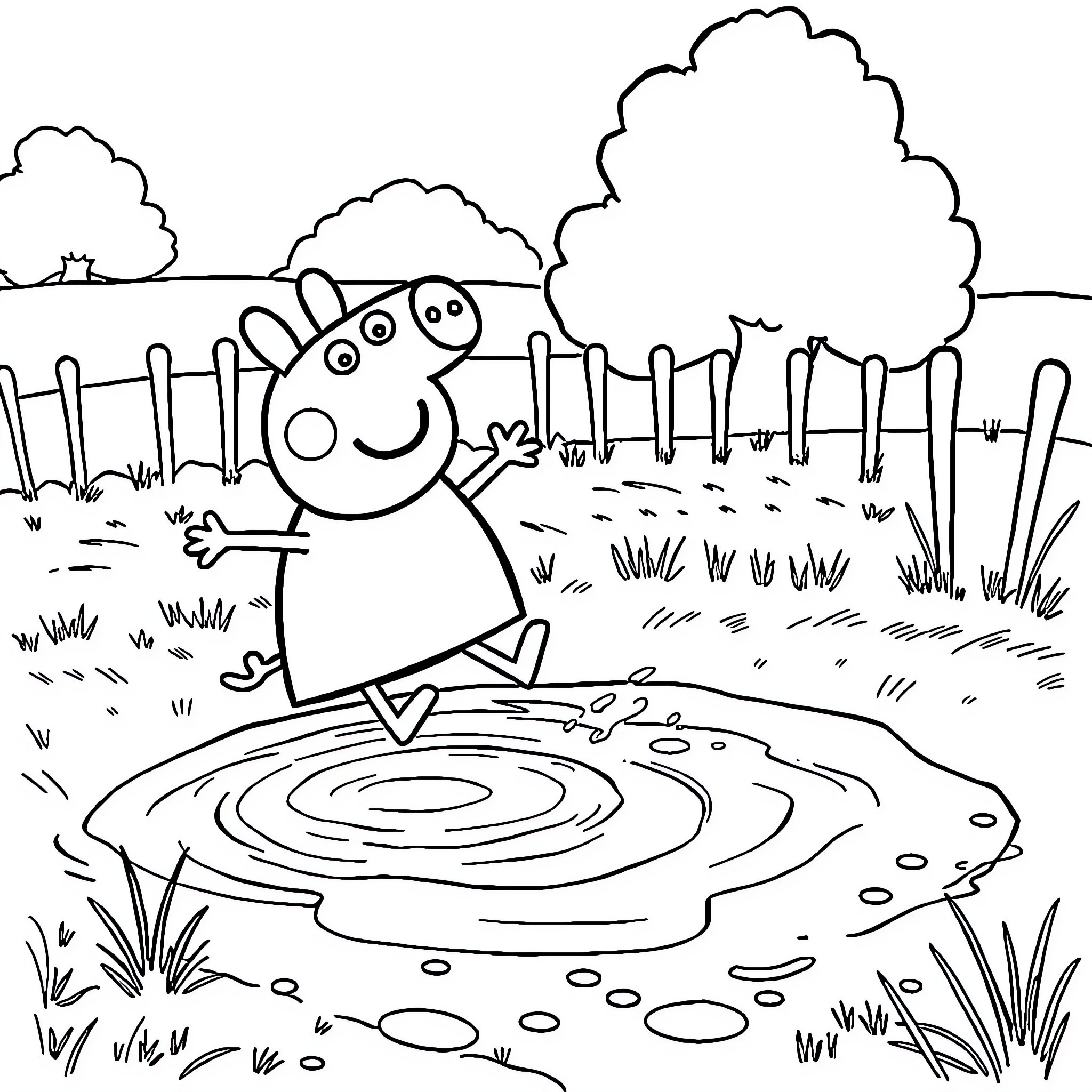 Peppa Pig playing happily in a puddle Coloring Page (free black-and-white line drawing printable PDF for all, from beginners to advanced learners, including children, teens, adults, and seniors)