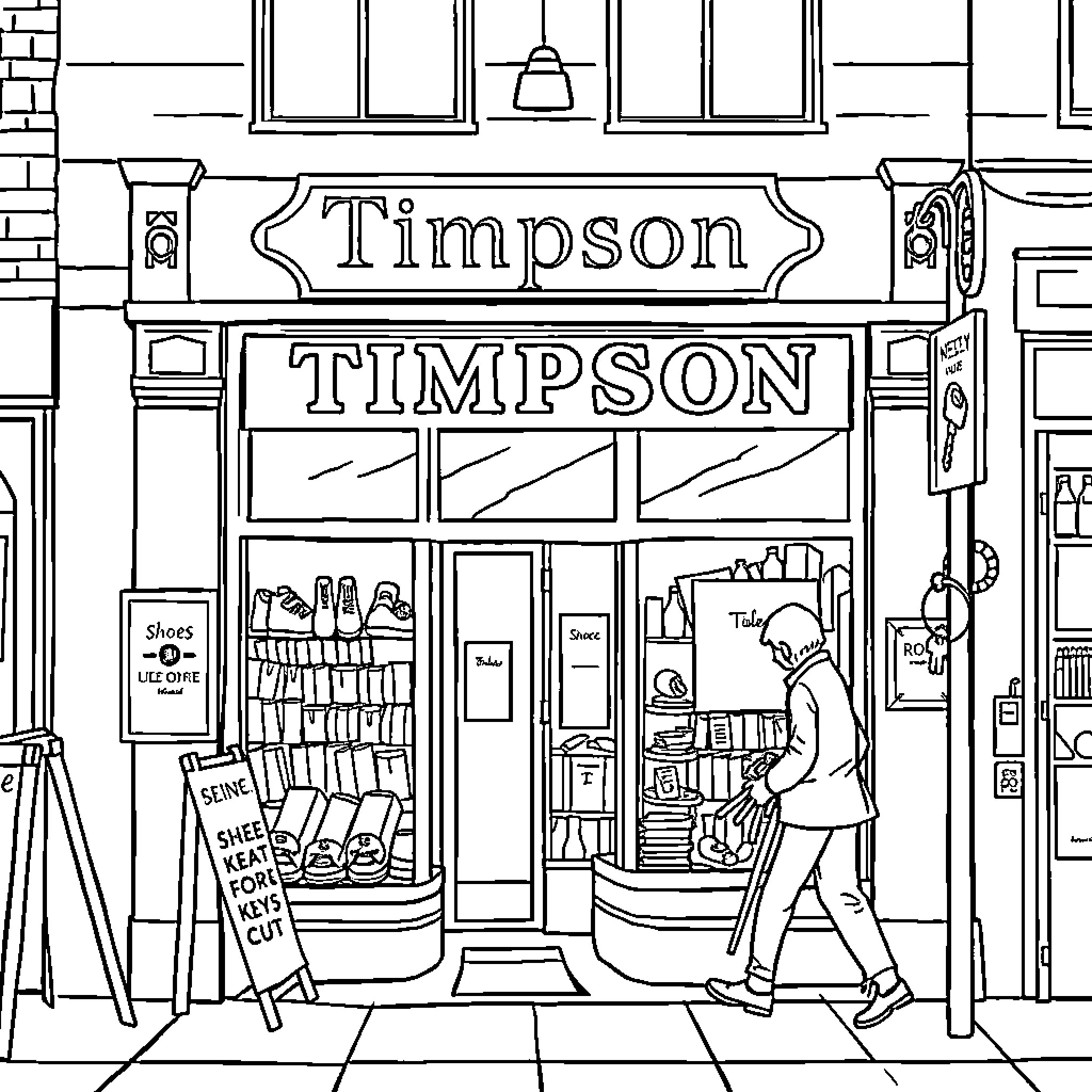 Timpson's Shoe Repair and Shoe Shine Shop Coloring Page (free black-and-white line drawing printable PDF for all, from beginners to advanced learners, including children, teens, adults, and seniors)