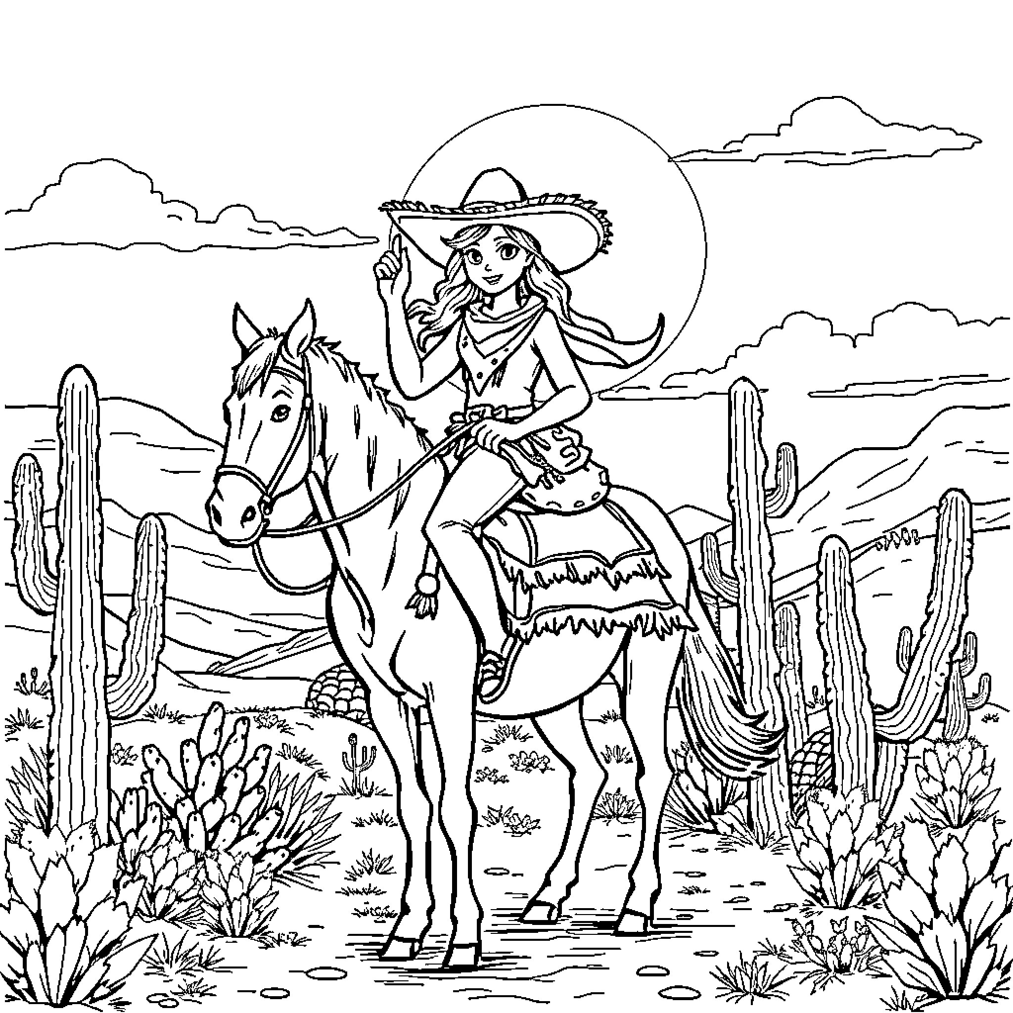 Capybara Cowgirl Riding Horse Through Desert Landscape Coloring Page (free black-and-white line drawing printable PDF for all, from beginners to advanced learners, including children, teens, adults, and seniors)