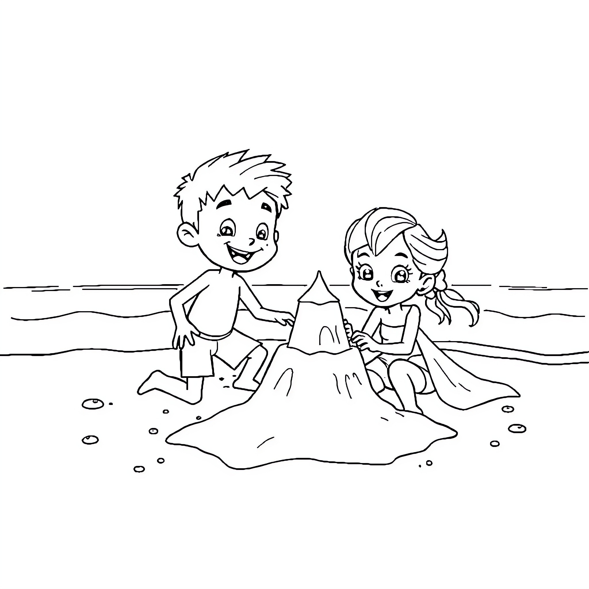 Bluey and friends building a sandcastle on the beach Coloring Page (free black-and-white line drawing printable PDF for all, from beginners to advanced learners, including children, teens, adults, and seniors)