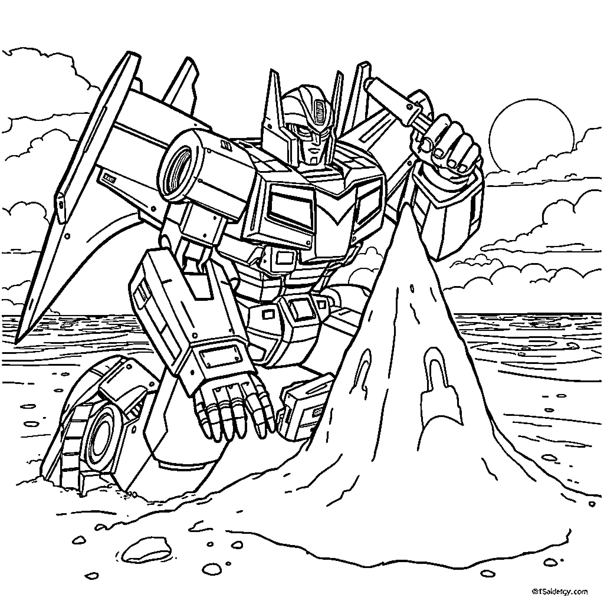 Starscream rising from the ashes with powerful determination Coloring Page (free black-and-white line drawing printable PDF for all, from beginners to advanced learners, including children, teens, adults, and seniors)