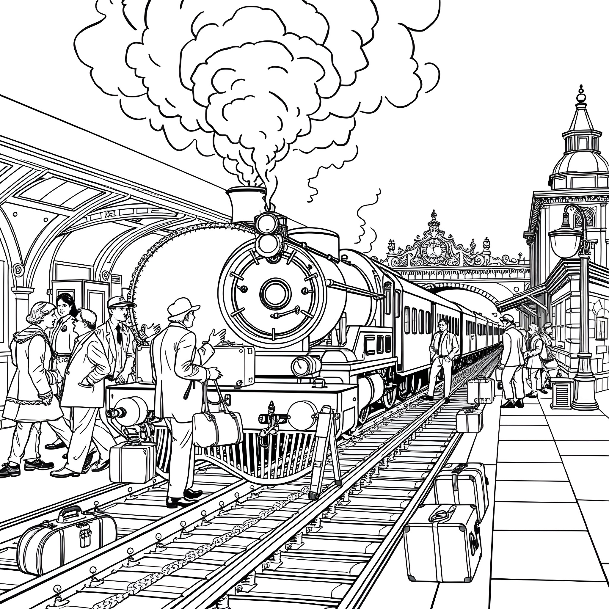Train Departs From Historic Railway Station Coloring Page (free black-and-white line drawing printable PDF for all, from beginners to advanced learners, including children, teens, adults, and seniors)