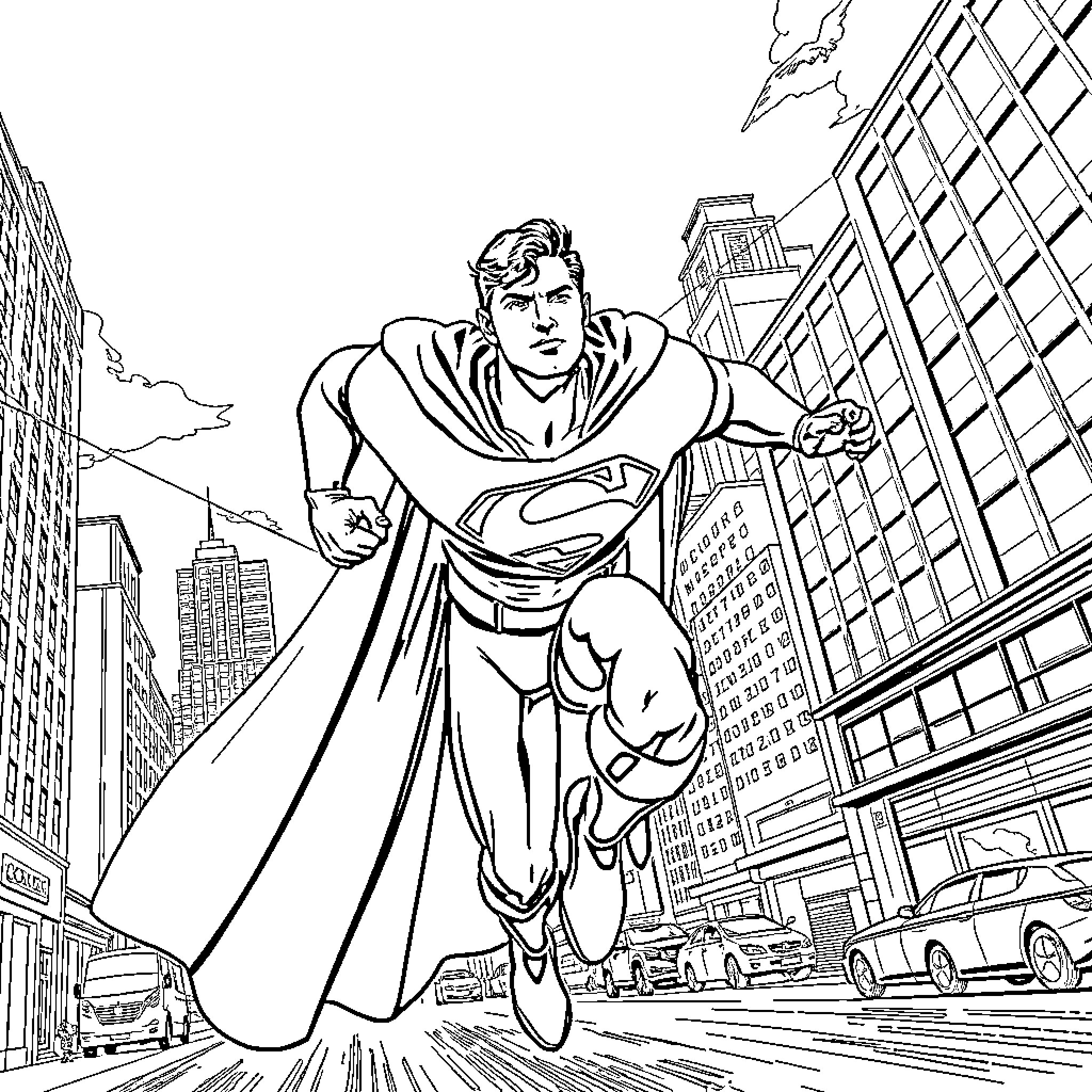 Superman soaring above the city in action Coloring Page (free black-and-white line drawing printable PDF for all, from beginners to advanced learners, including children, teens, adults, and seniors)