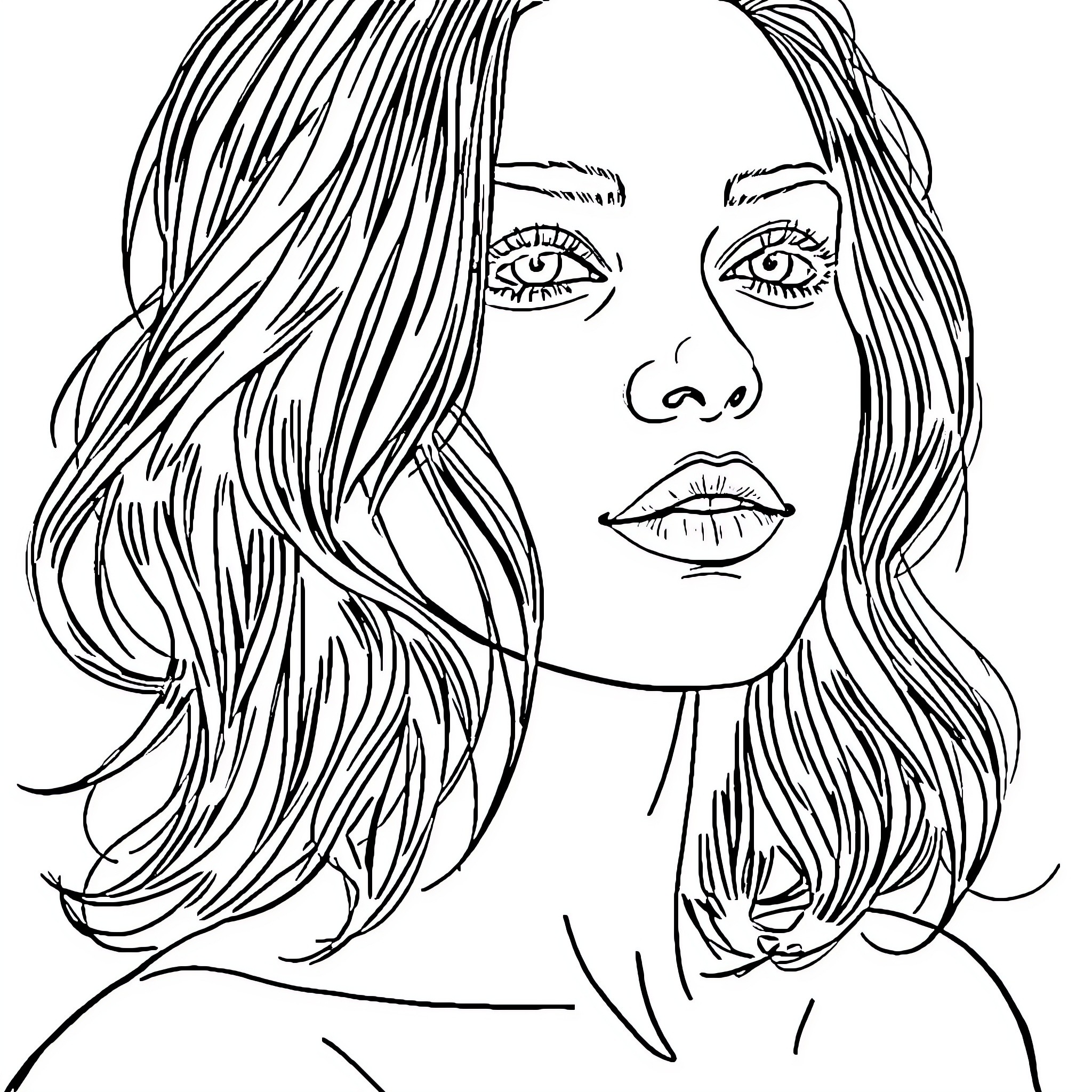 Girl with thoughtful expression and flowing hair Coloring Page (free black-and-white line drawing printable PDF for all, from beginners to advanced learners, including children, teens, adults, and seniors)